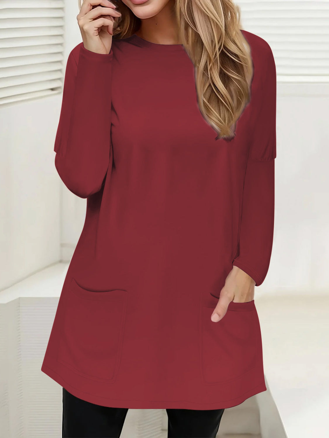 Buy burgundy Full Size Pocketed Round Neck Long Sleeve T-Shirt