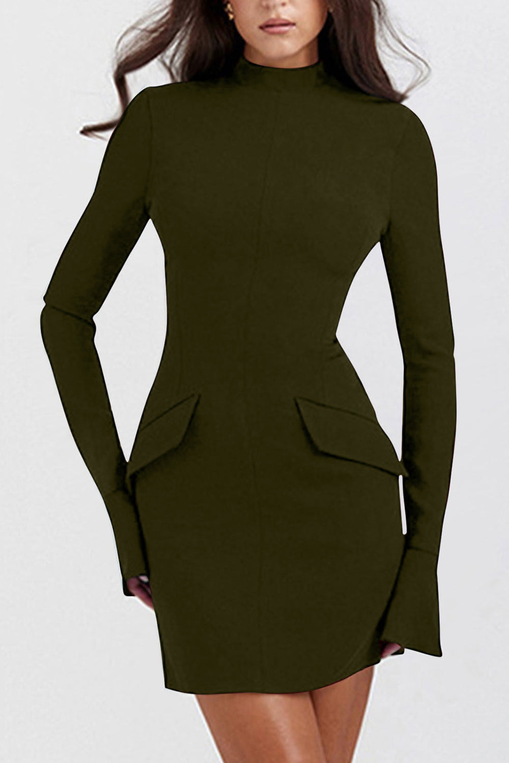 Buy army-green Mock Neck Long Sleeve Mini Dress