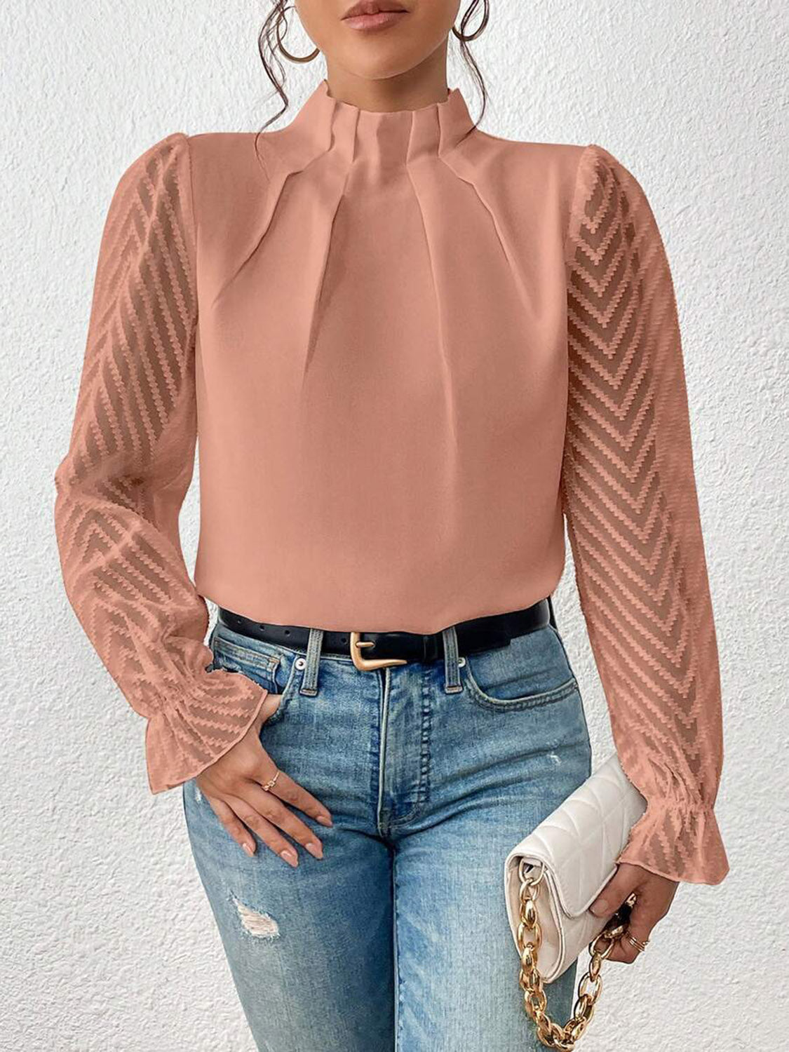 Buy burnt-coral Mock Neck Flounce Sleeve Blouse