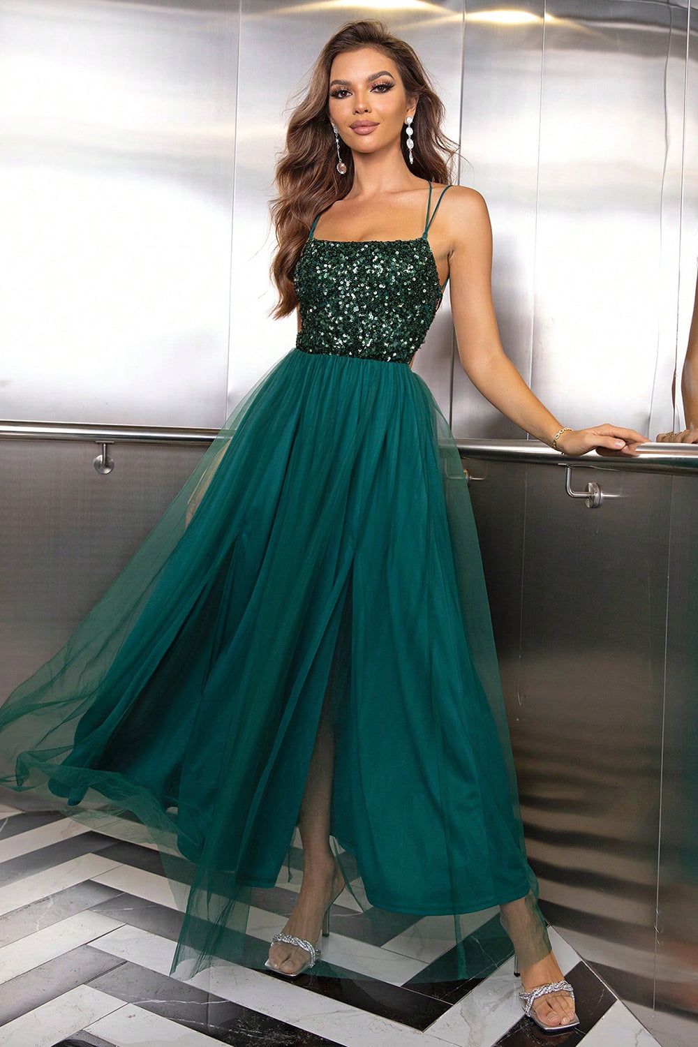 Buy green Lace-Up Backless Mesh Dress