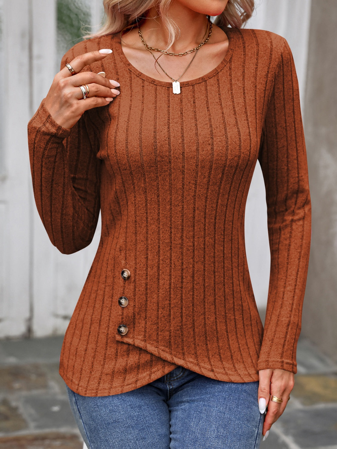 Buy caramel Decorative Button Round Neck Long Sleeve T-Shirt