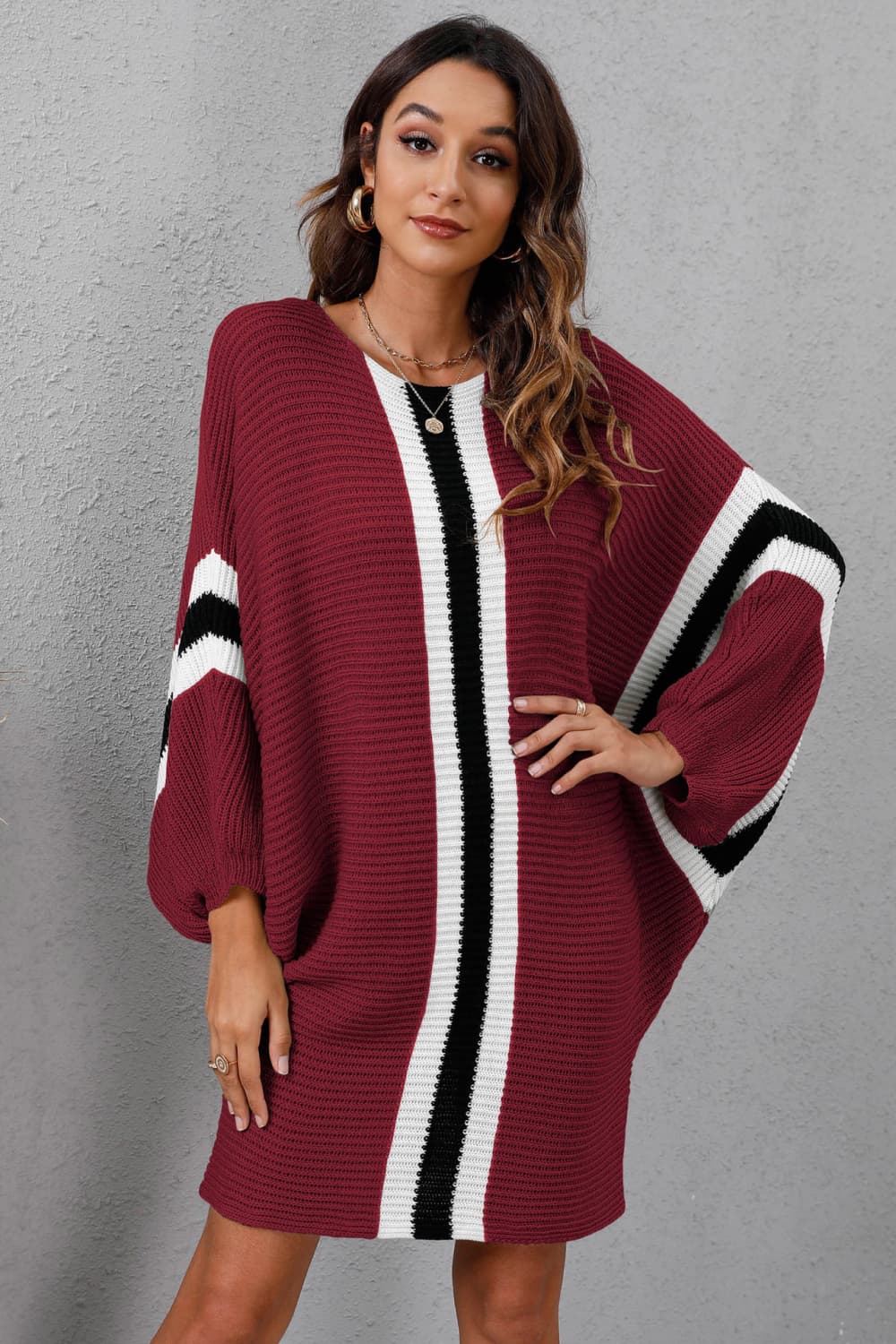 Buy burgundy Ribbed Round Neck Long Sleeve Sweater Dress