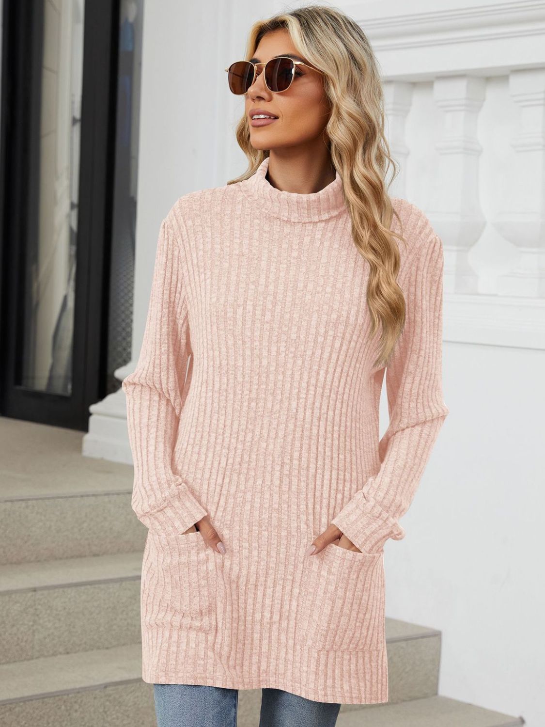 Buy watermelon-pink Ribbed Mock Neck Long Sleeve T-Shirt