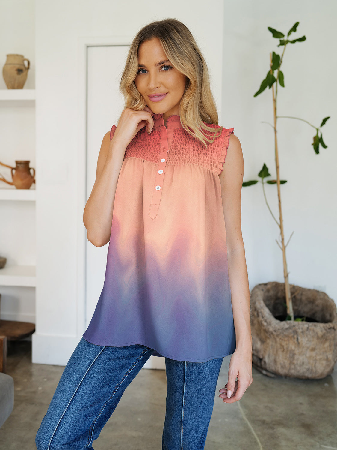 Buy watermelon-pink FAM-FAM Frill Printed Mock Neck Top