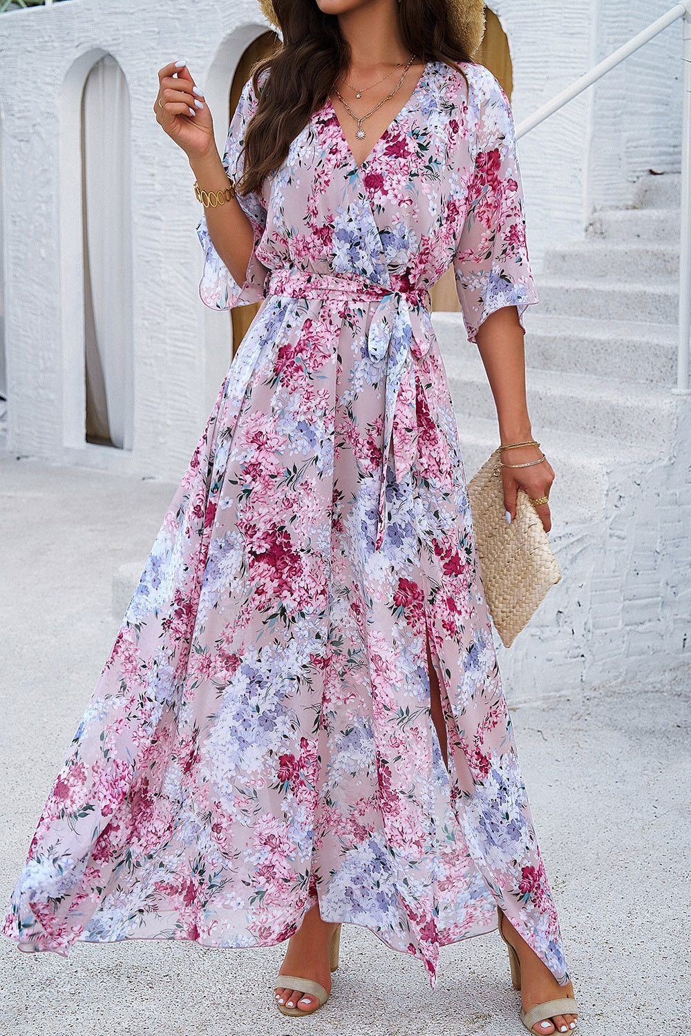 Buy blush-pink Devine Printed Tied Half Sleeve Slit Dress