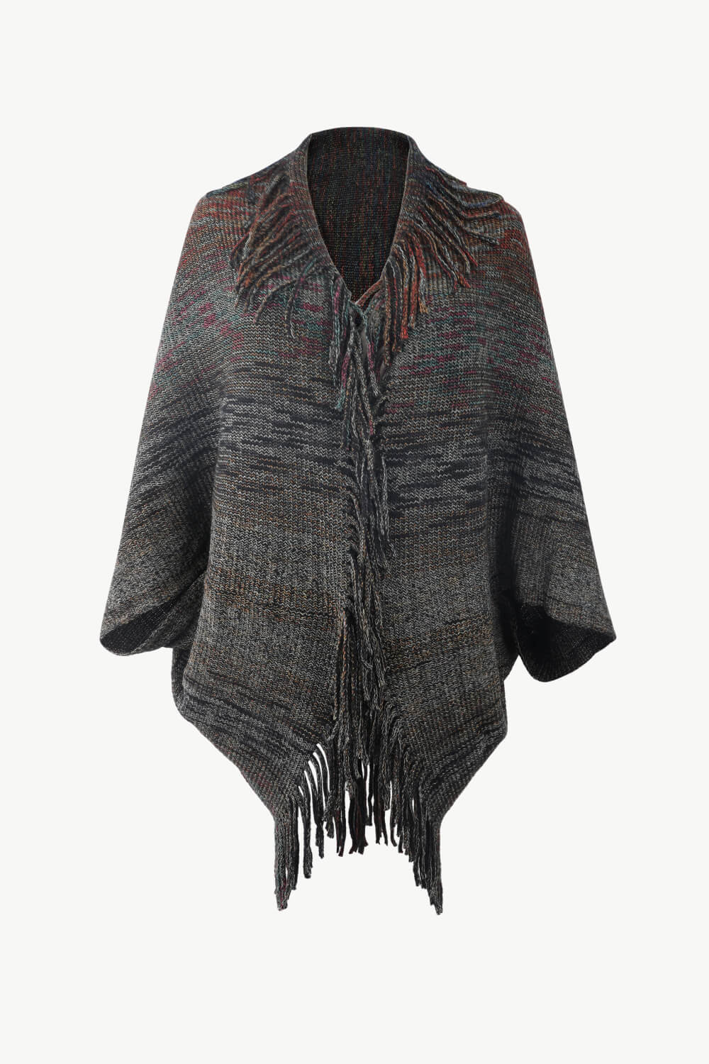 Buy black Multicolored Fringe Trim Poncho