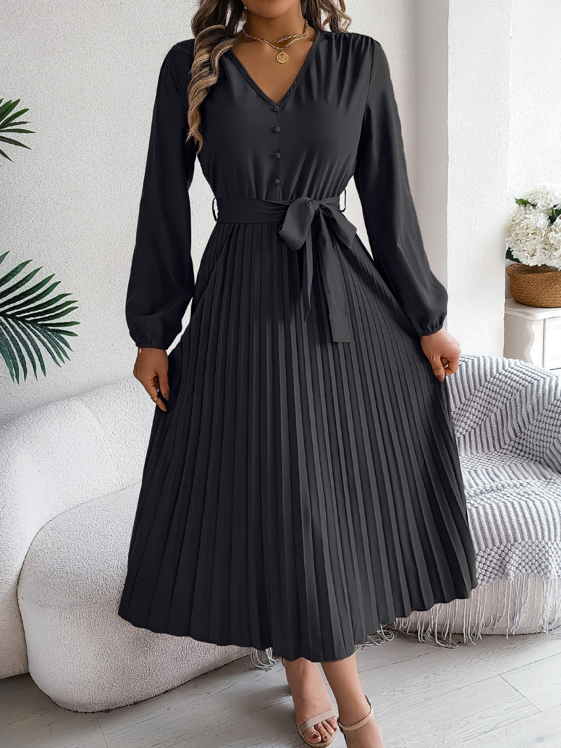 Buy black Pleated Tied V-Neck Long Sleeve Dress