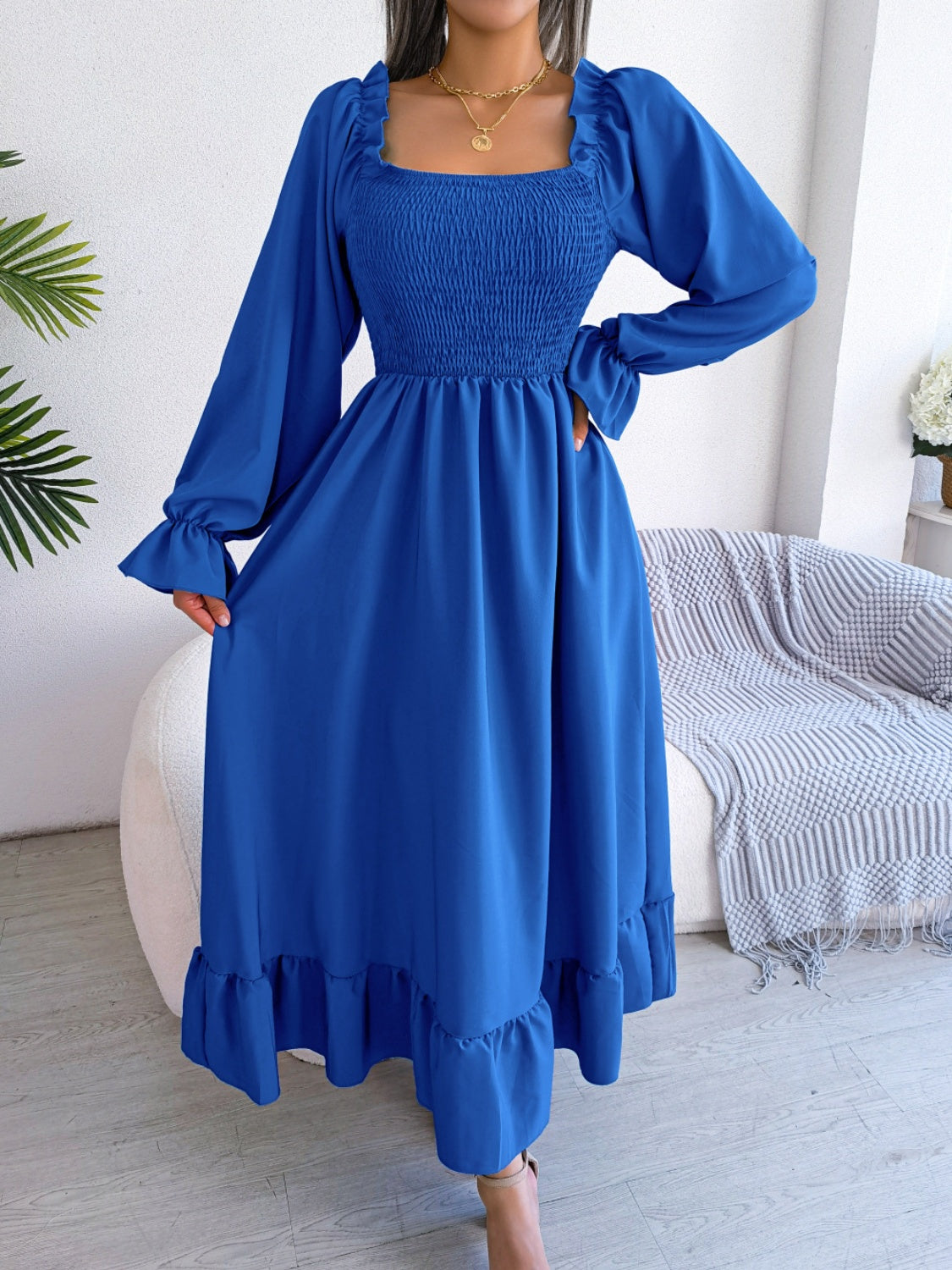 Buy royal-blue Smocked Square Neck Flounce Sleeve Dress