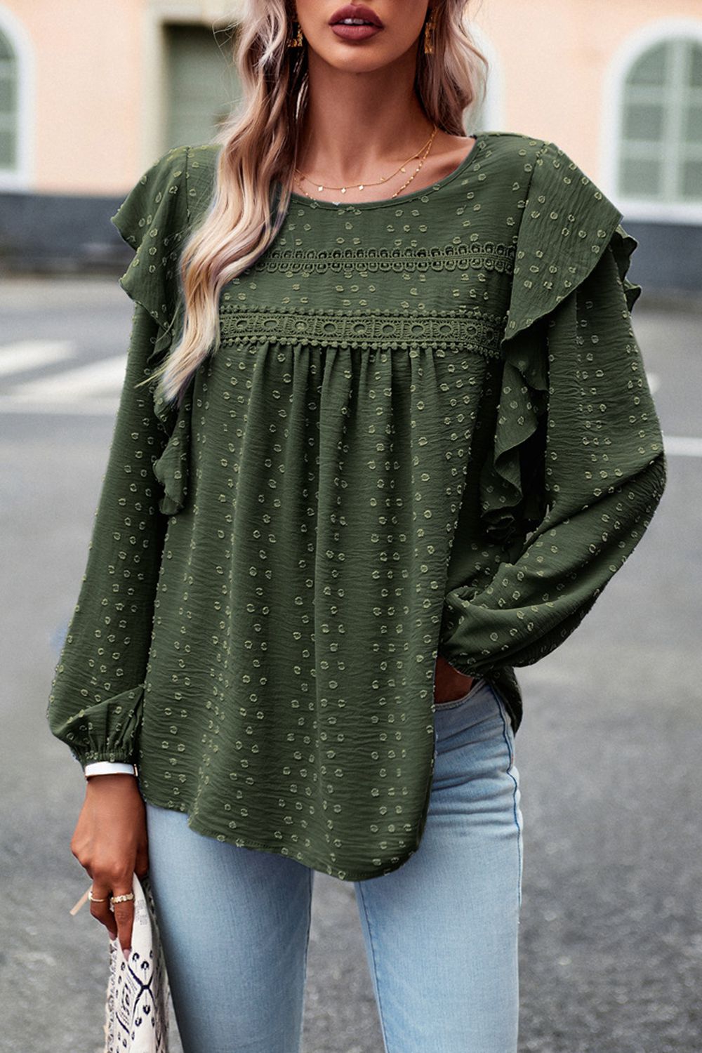 Buy army-green Devine Ruffle Trim Balloon Sleeve Blouse