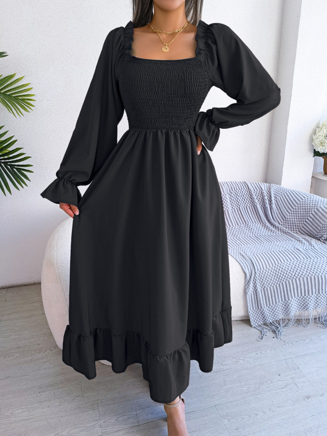 Buy black Smocked Square Neck Flounce Sleeve Dress