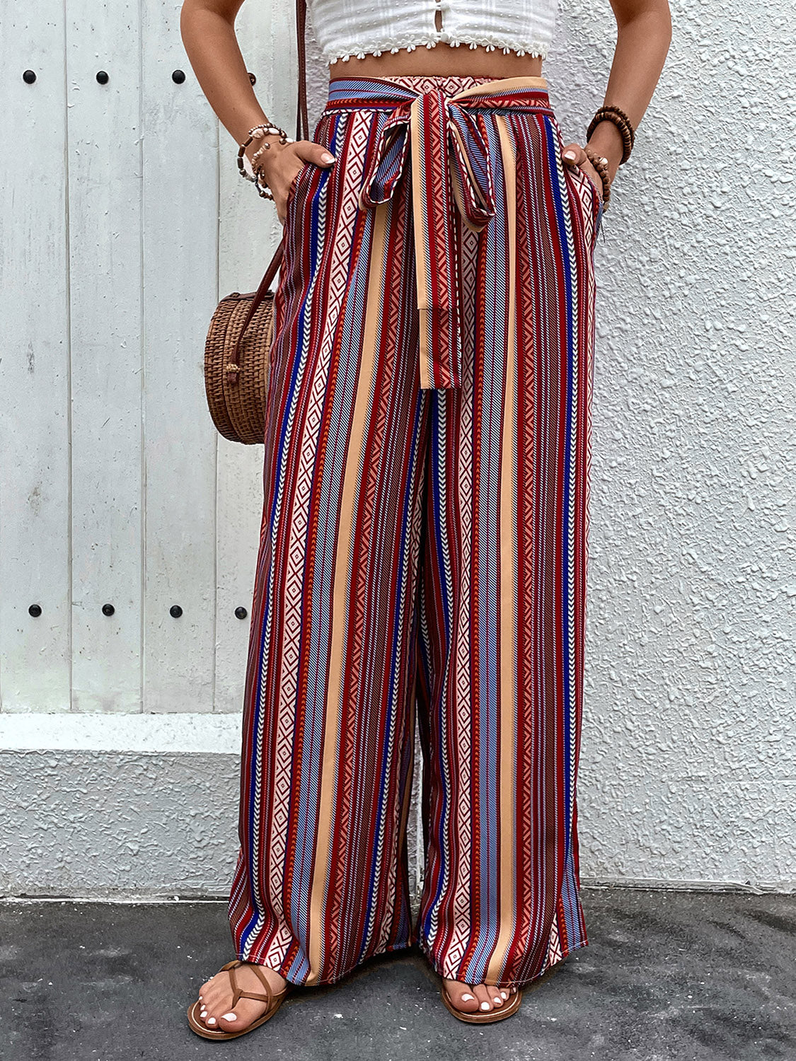 Perfee Tied Geometric Wide Leg Pants