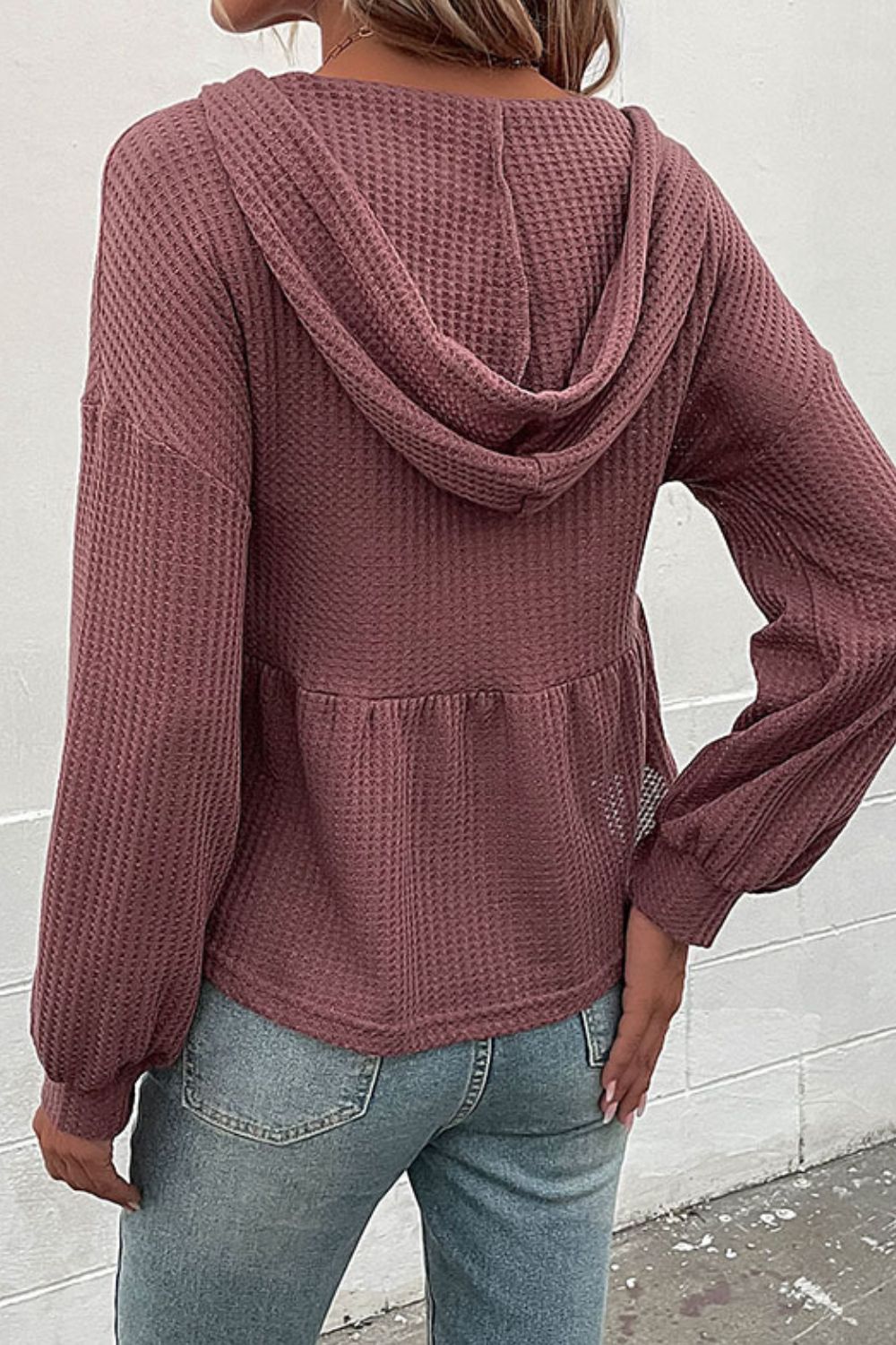 Perfee Waffle-Knit Buttoned Drop Shoulder Hoodie