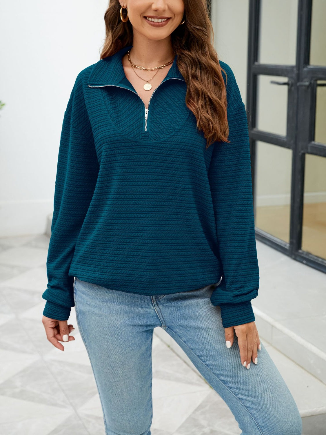 Buy deep-teal Textured Quarter Zip Long Sleeve Sweatshirt