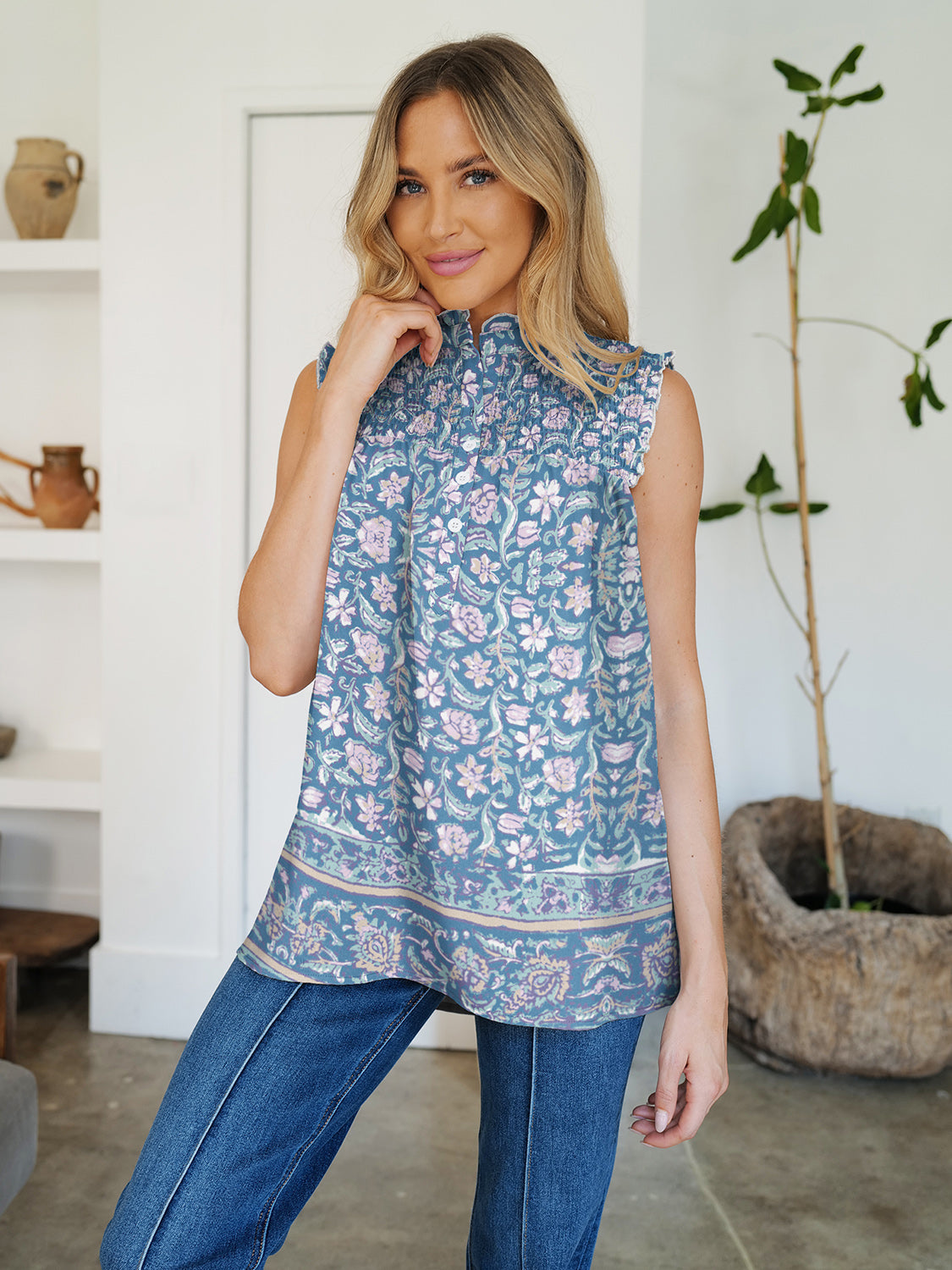 Buy dusty-blue FAM-FAM Frill Printed Mock Neck Top