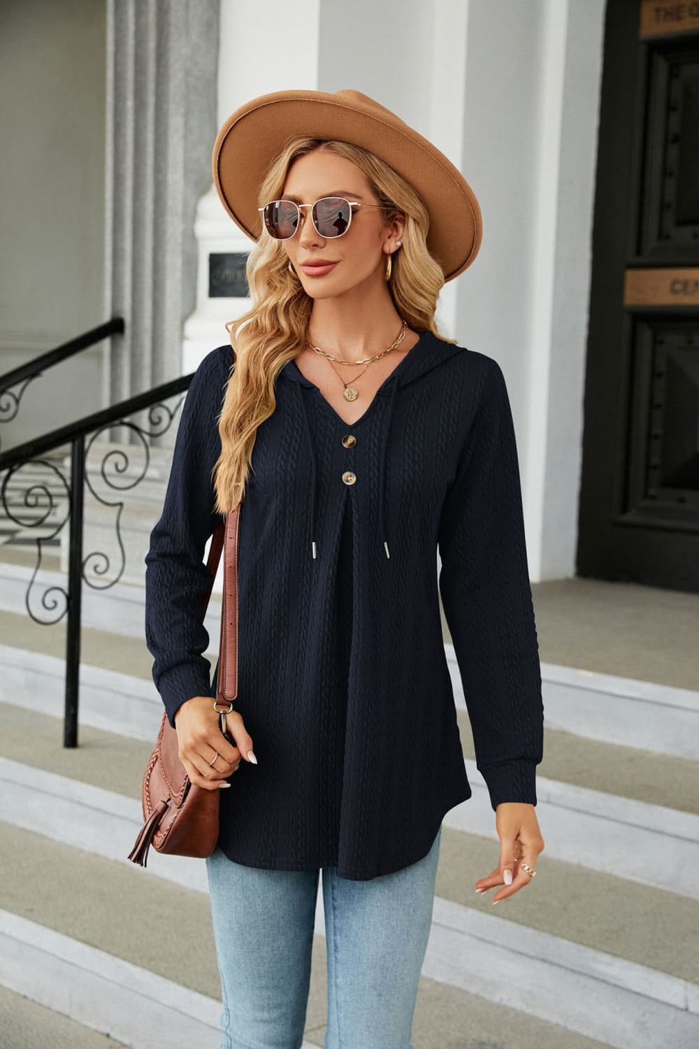 Buy navy Long Sleeve Hooded Blouse