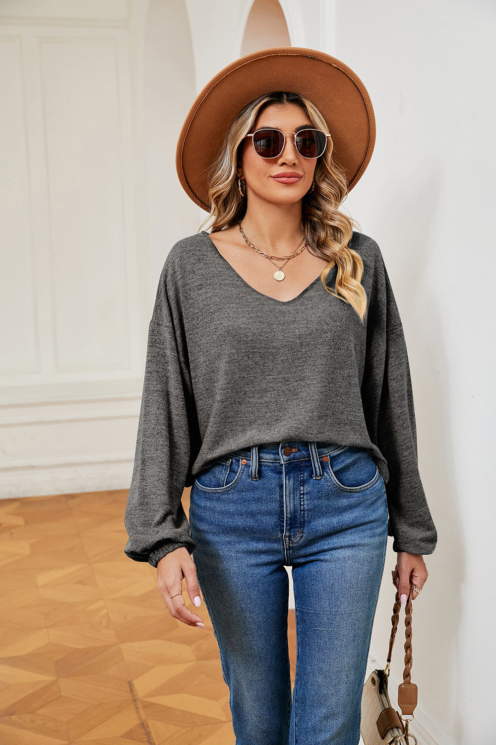 Buy heather-gray V-Neck Long Sleeve Top