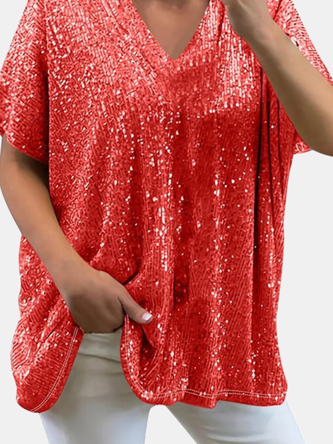 Buy red Full Size Sequin V-Neck Short Sleeve Top