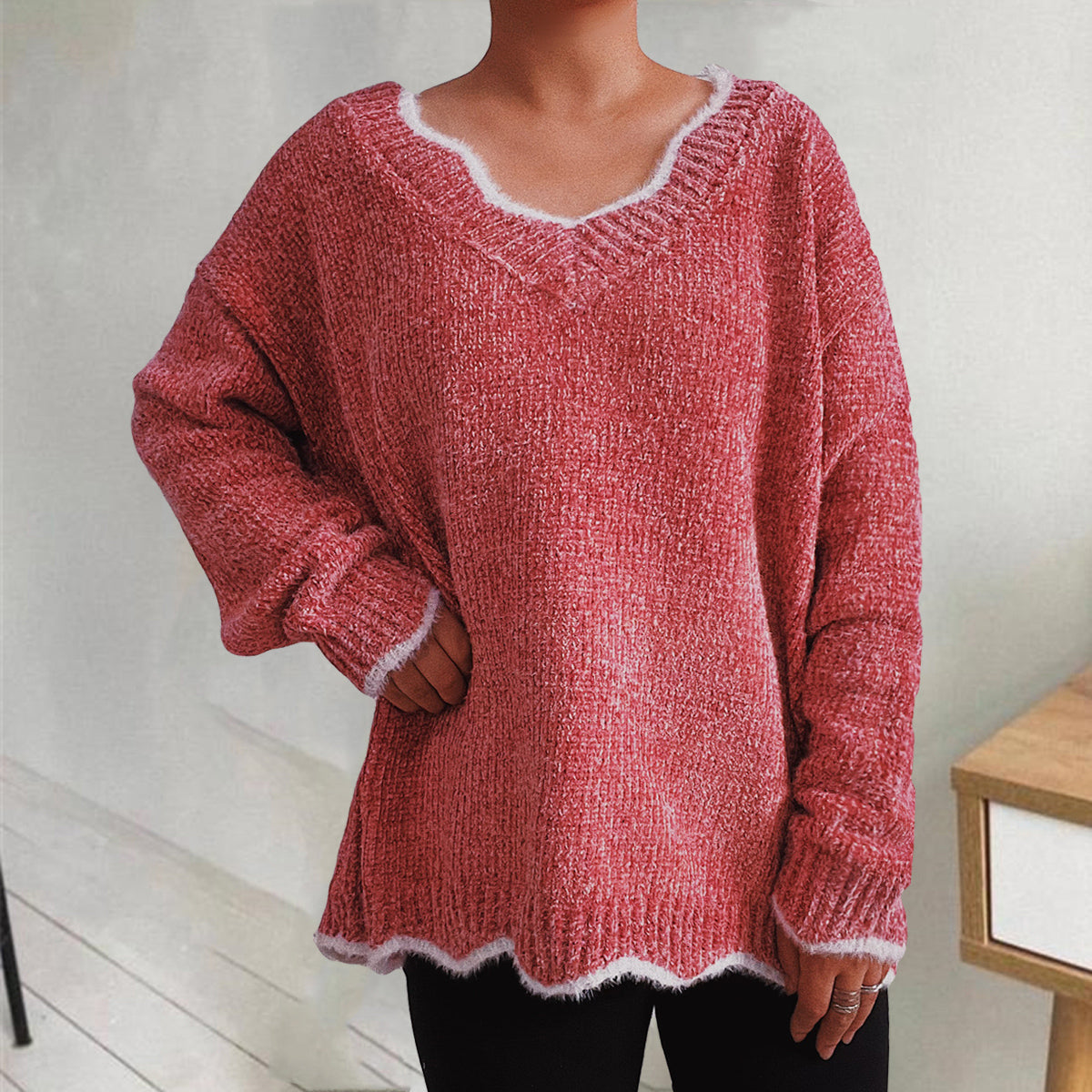 Buy coral V-Neck Drop Shoulder Long Sleeve Sweater