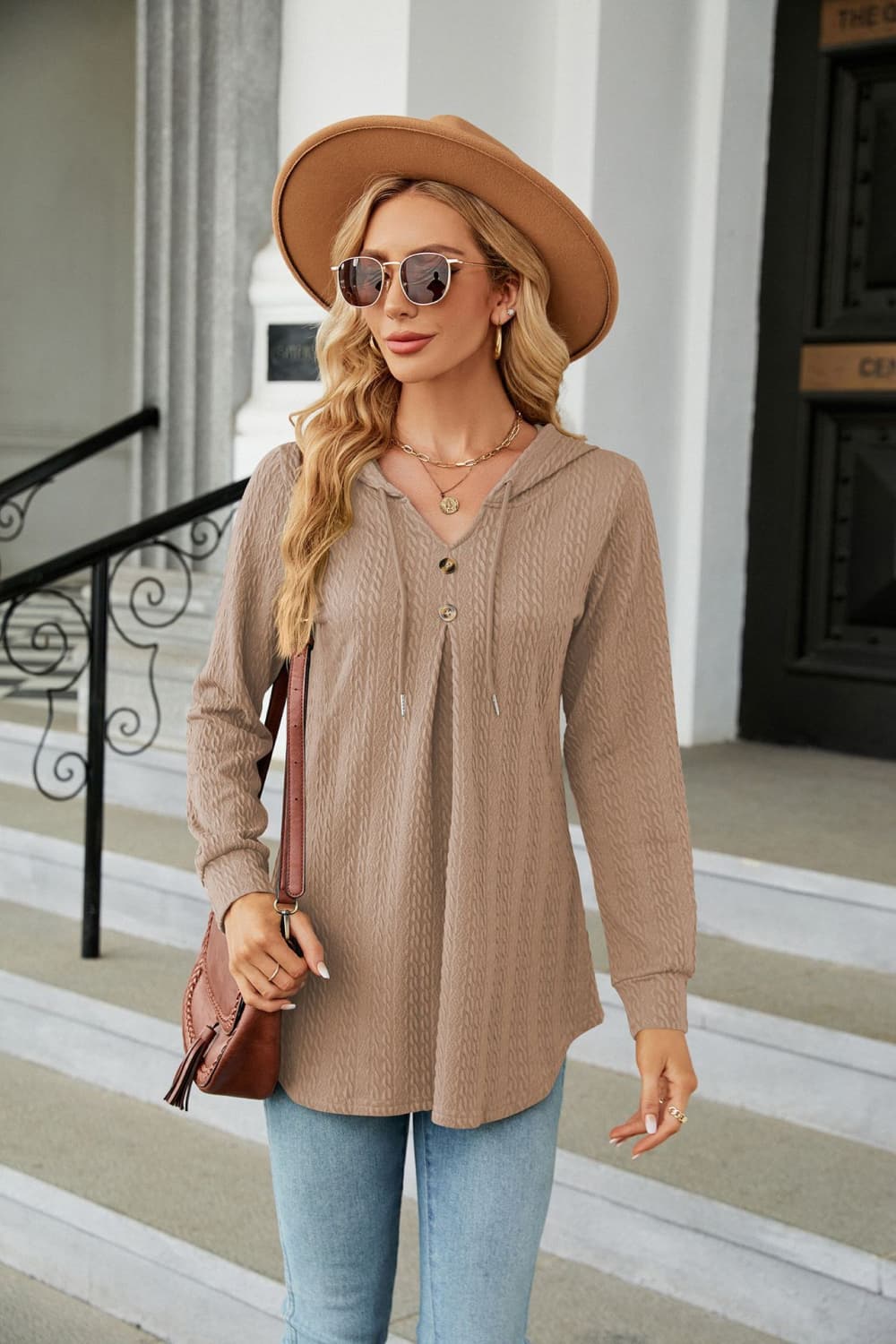 Buy camel Long Sleeve Hooded Blouse