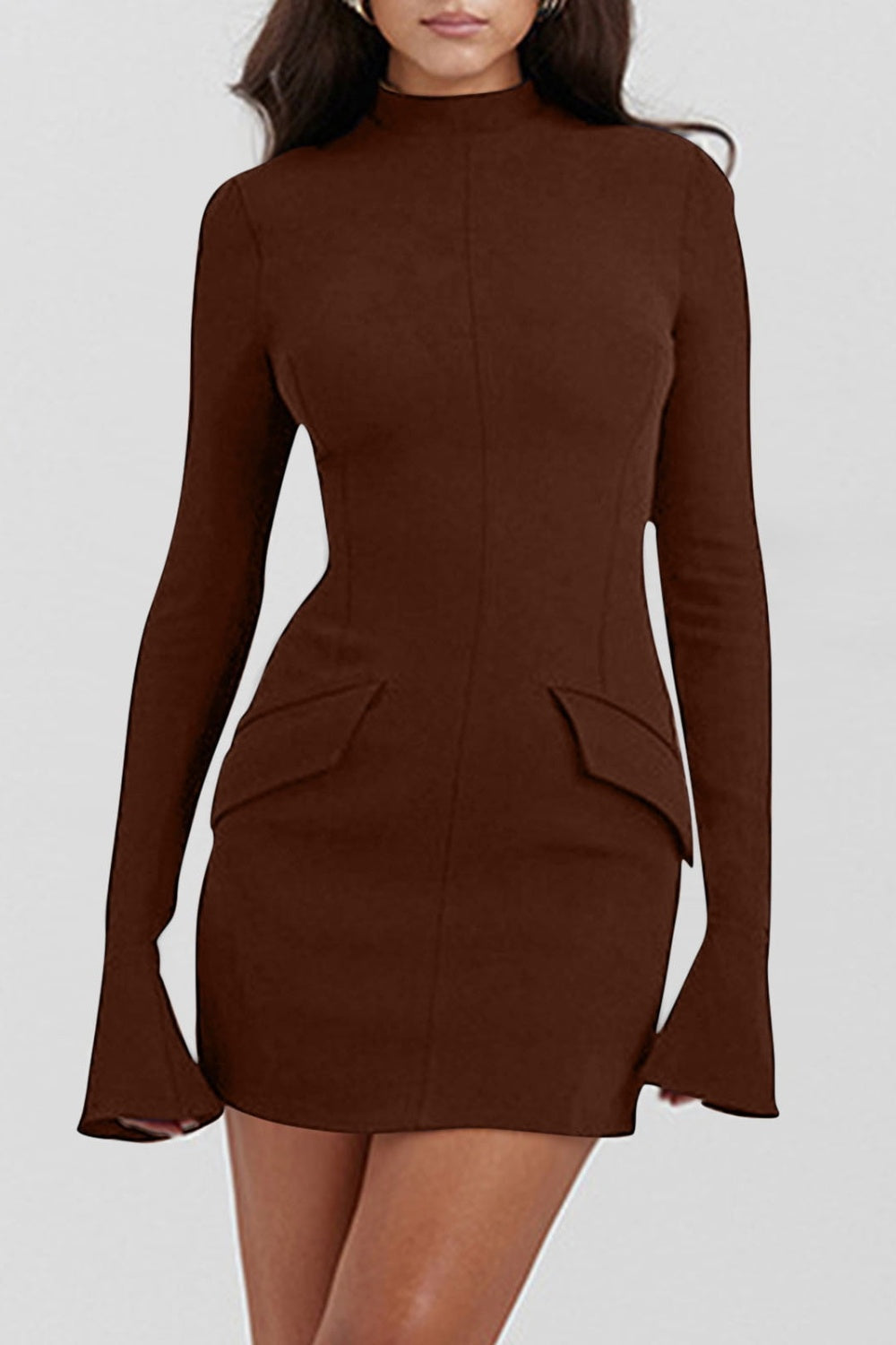 Buy brown Mock Neck Long Sleeve Mini Dress