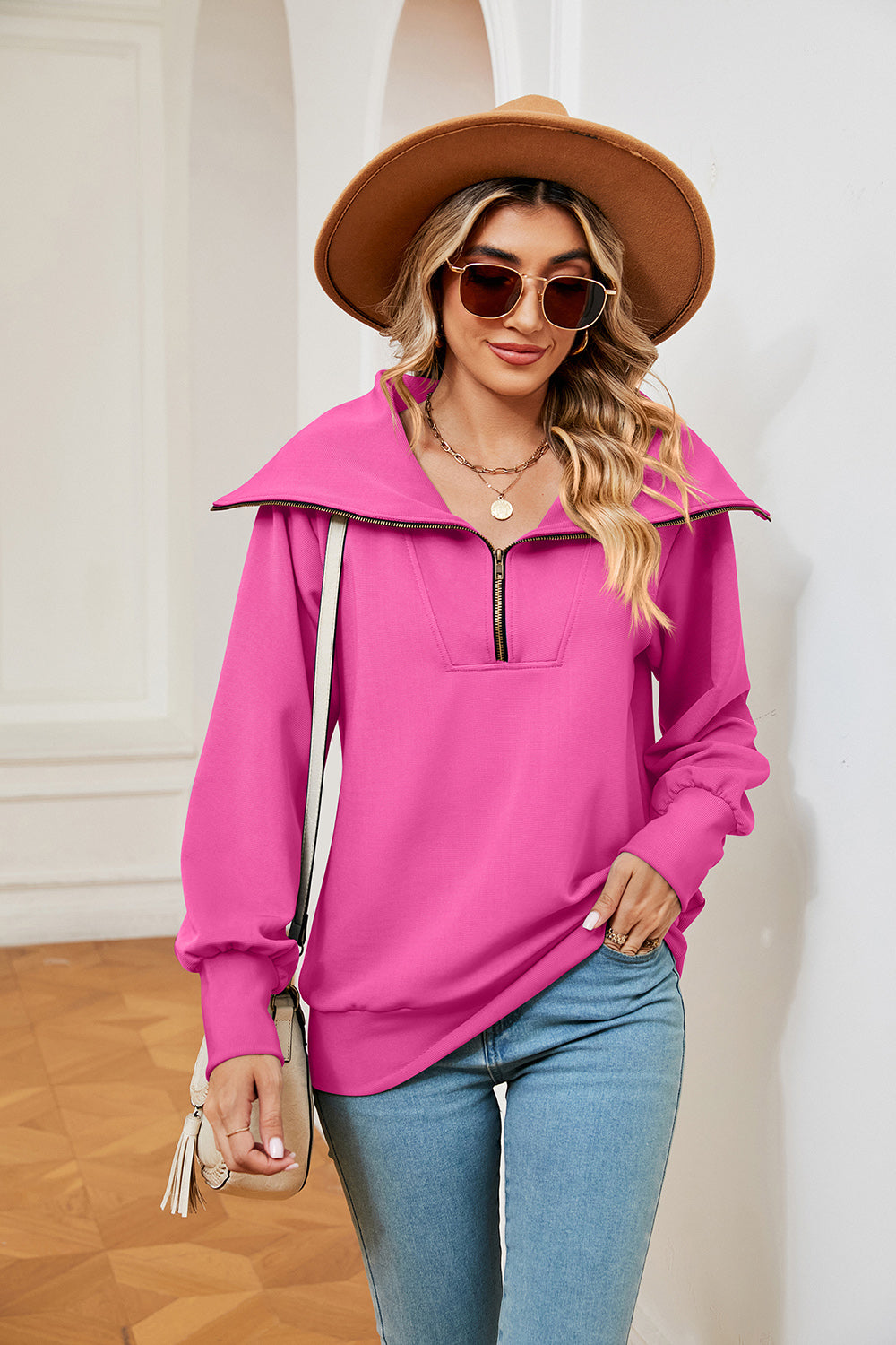 Buy fuchsia-pink Half-Zip Collared Sweatshirt