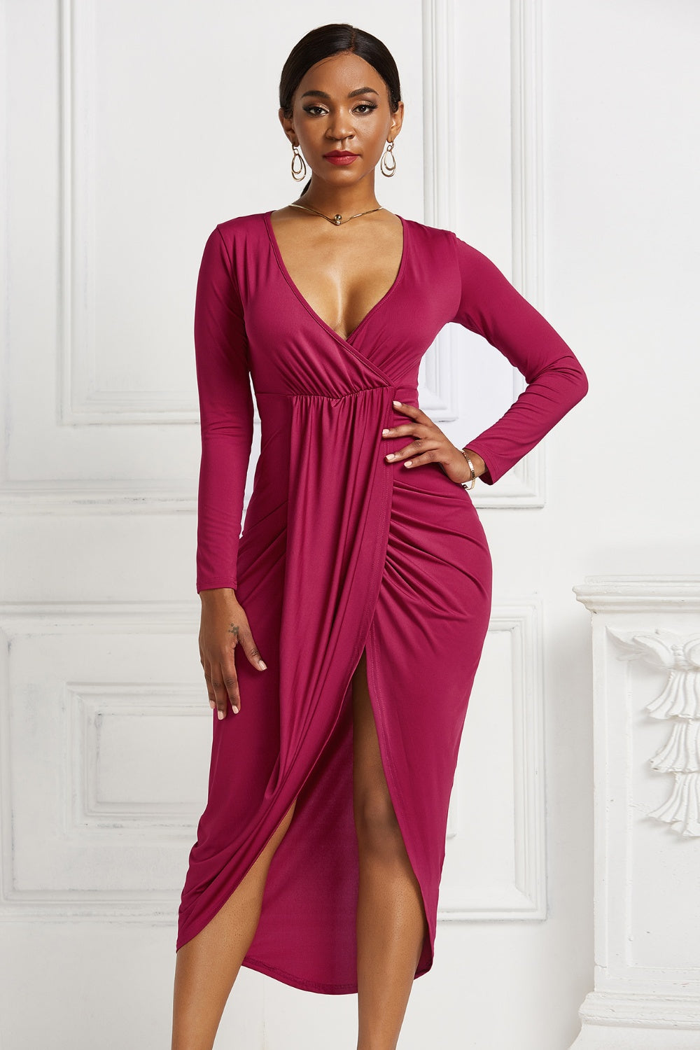 Buy deep-rose High-low Ruched Surplice Long Sleeve Dress