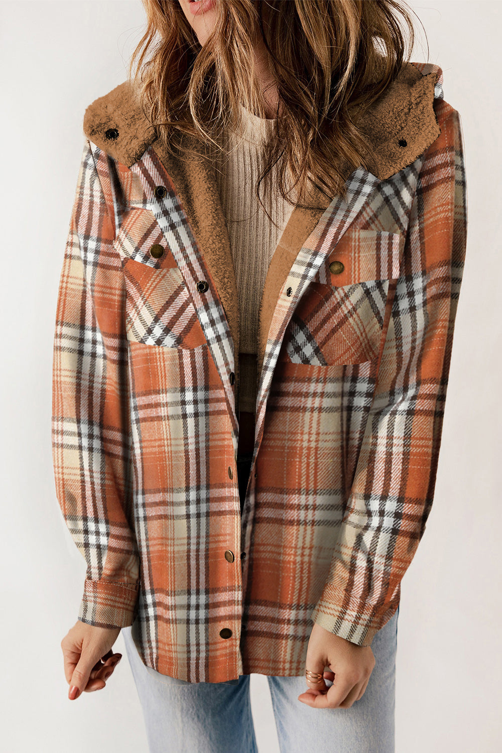 Buy tangerine Plaid Snap Down Hooded Jacket