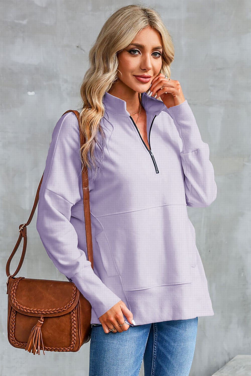 Buy lavender Half Zip Pocketed Dropped Shoulder Sweatshirt