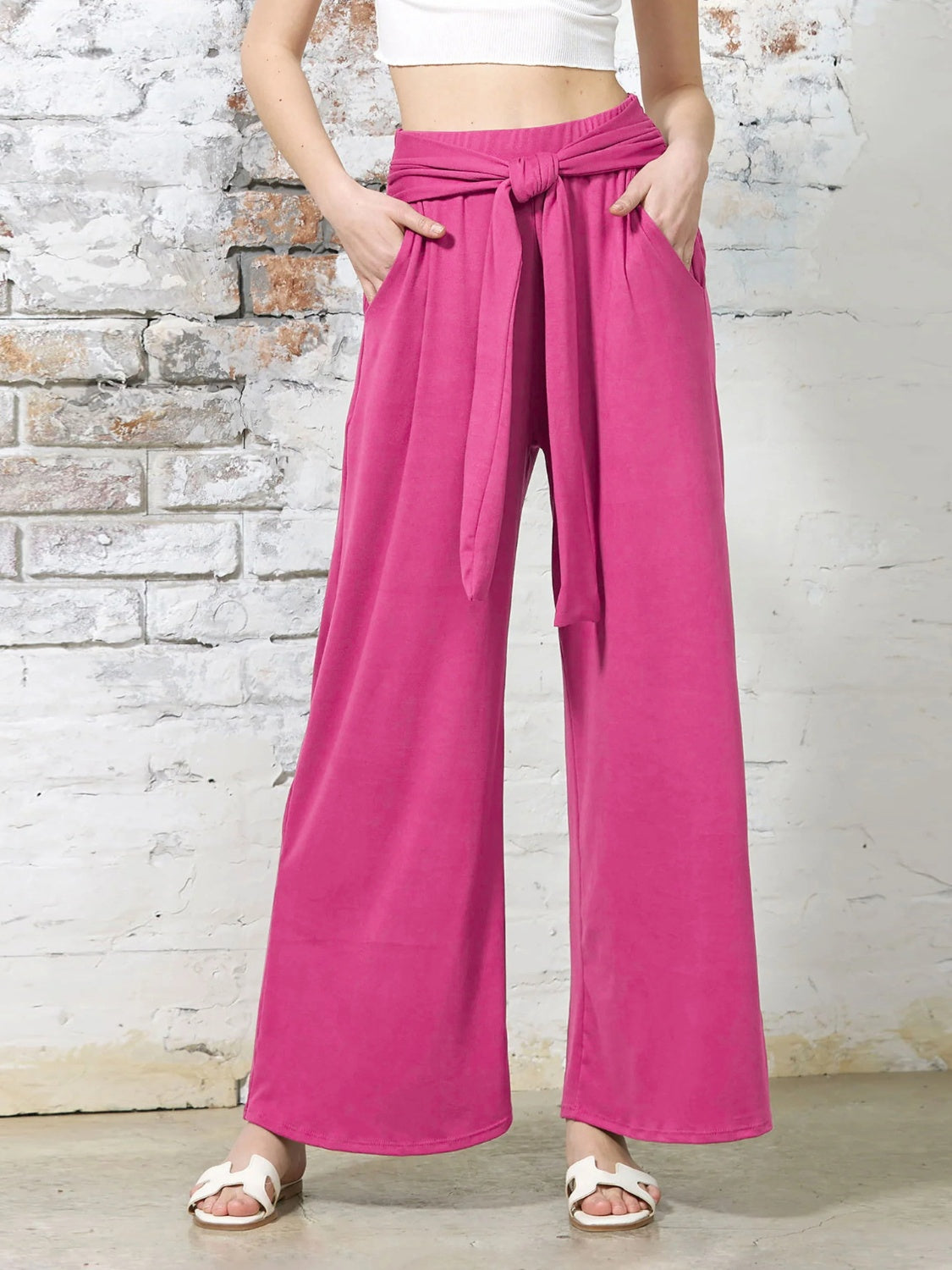 Buy deep-rose Tied Wide Leg Pants with Pockets