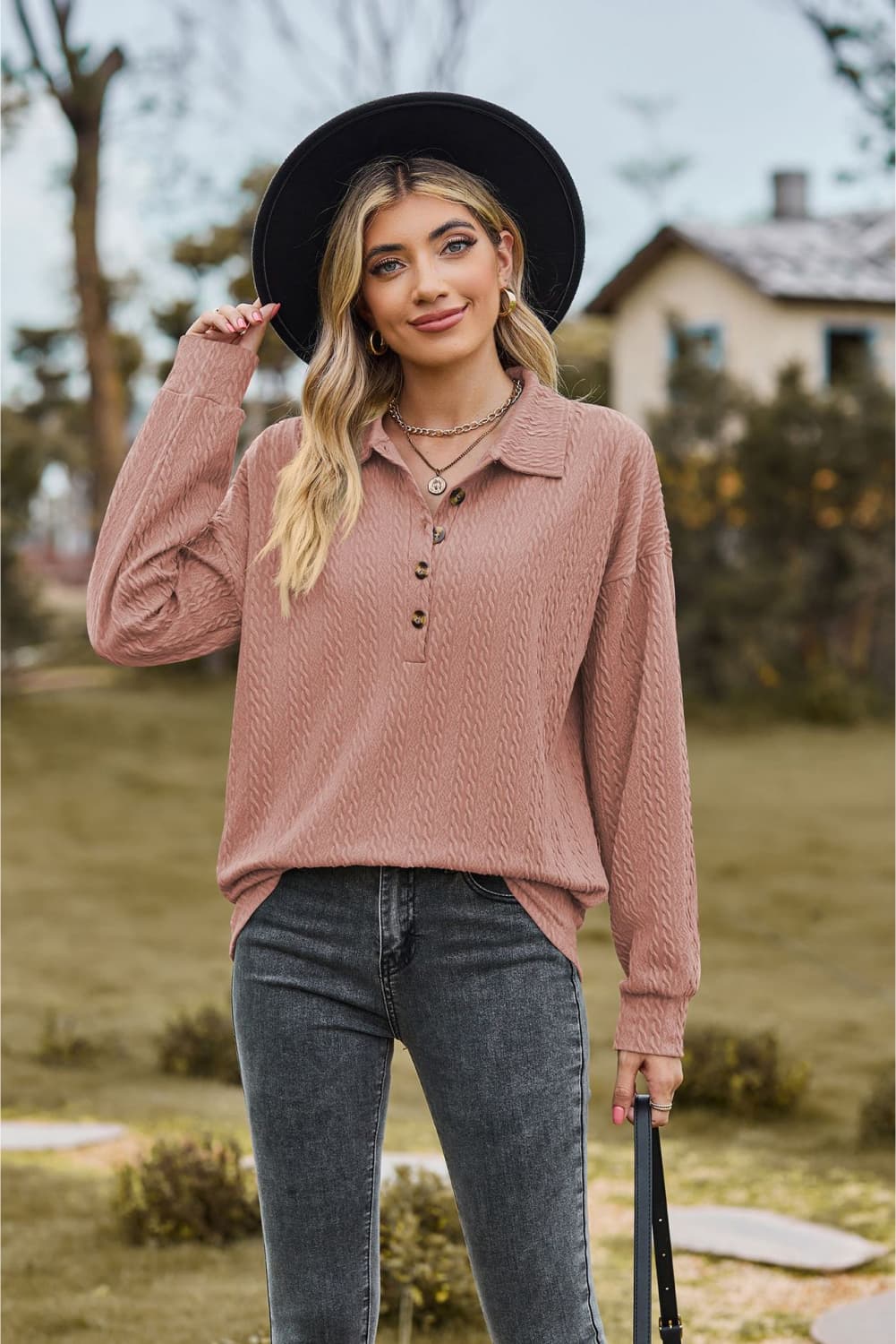 Buy dusty-pink Collared Neck Long Sleeve Blouse