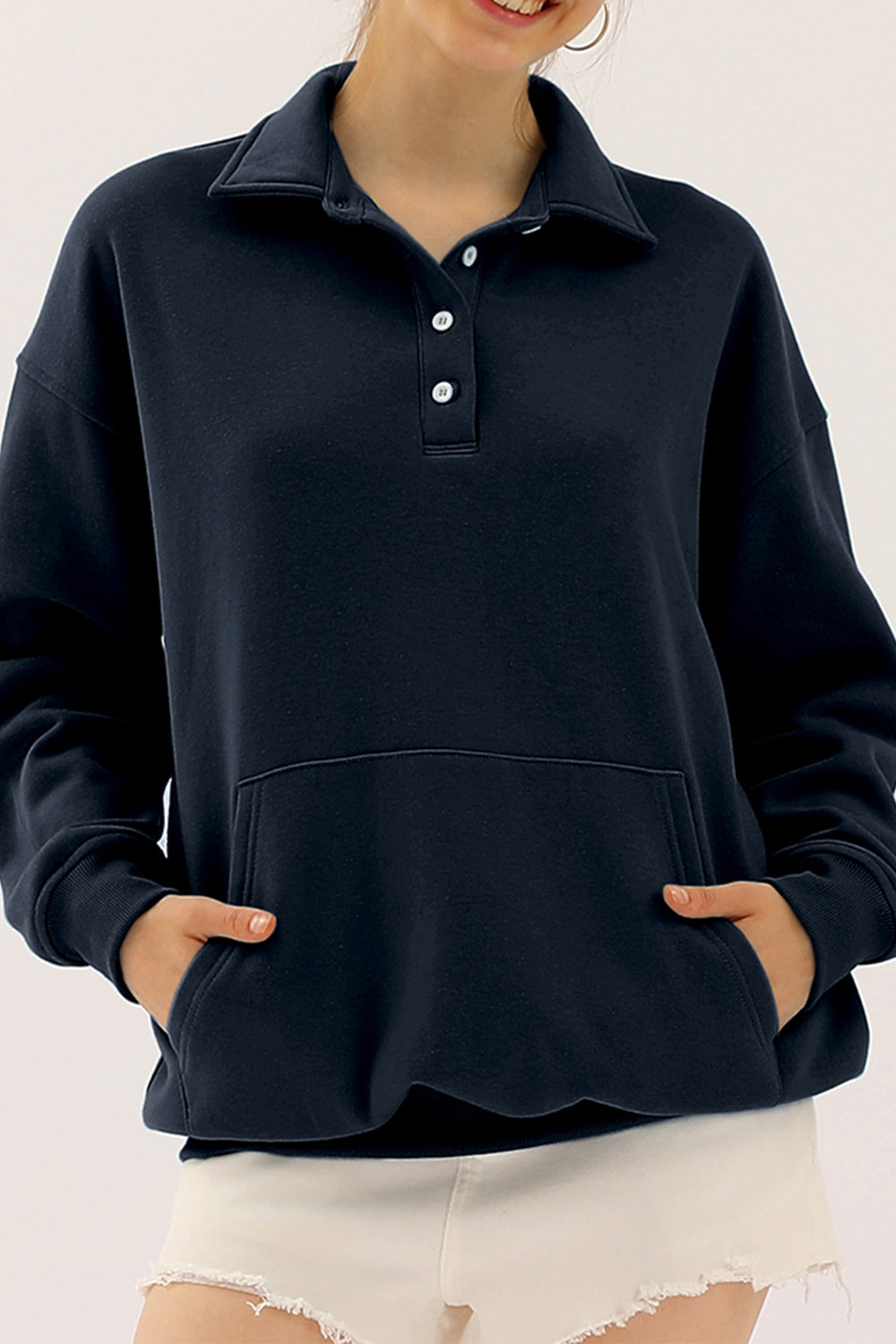 Buy french-blue Ninexis Full Size Quarter-Button Collared Sweatshirt