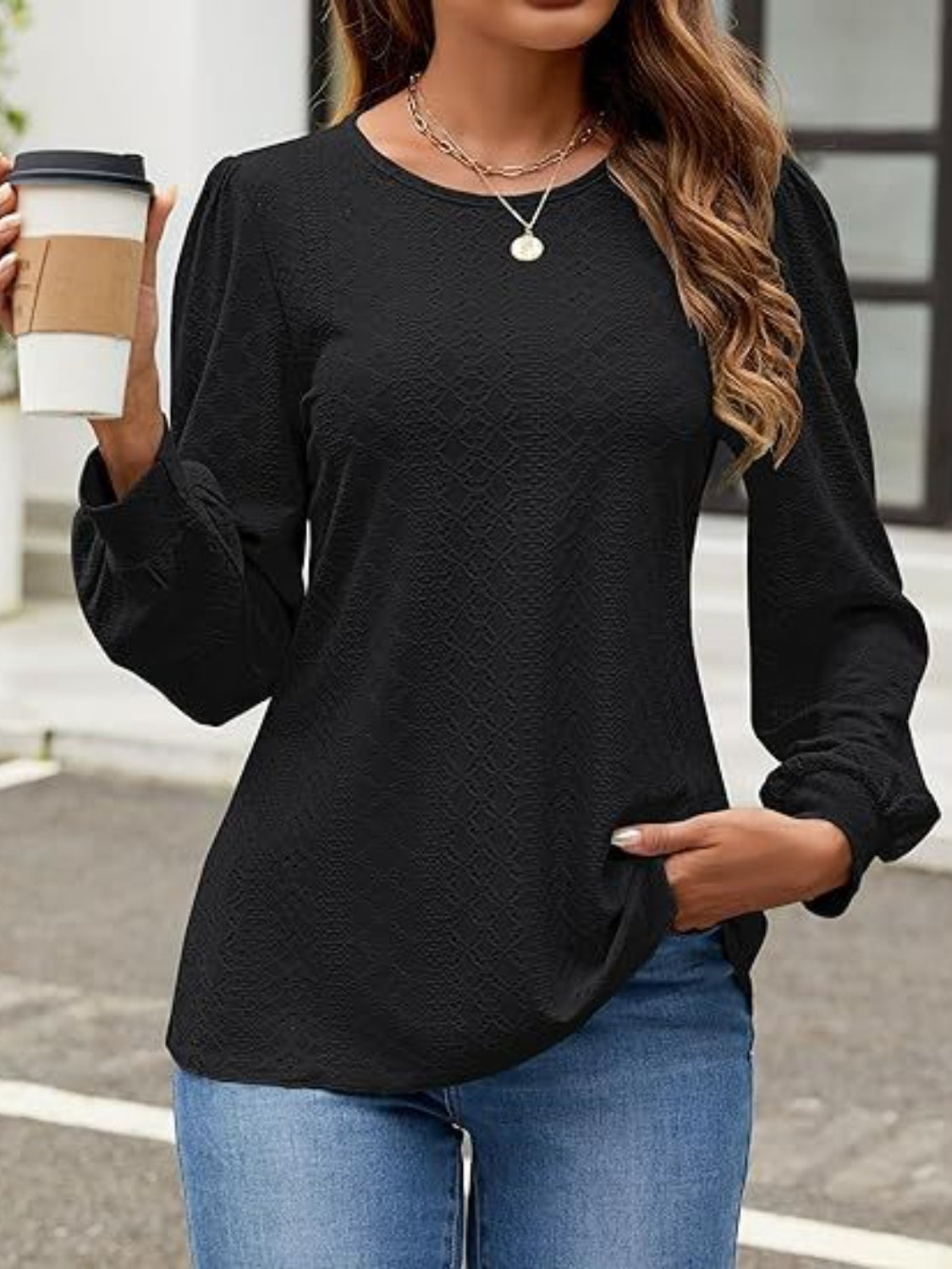 Buy black Eyelet Round Neck Long Sleeve Top