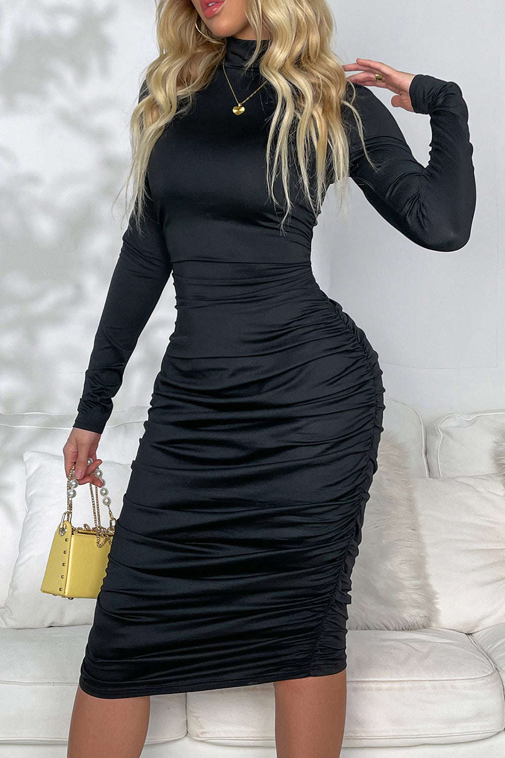 Buy black Ruched Mock Neck Long Sleeve Dress