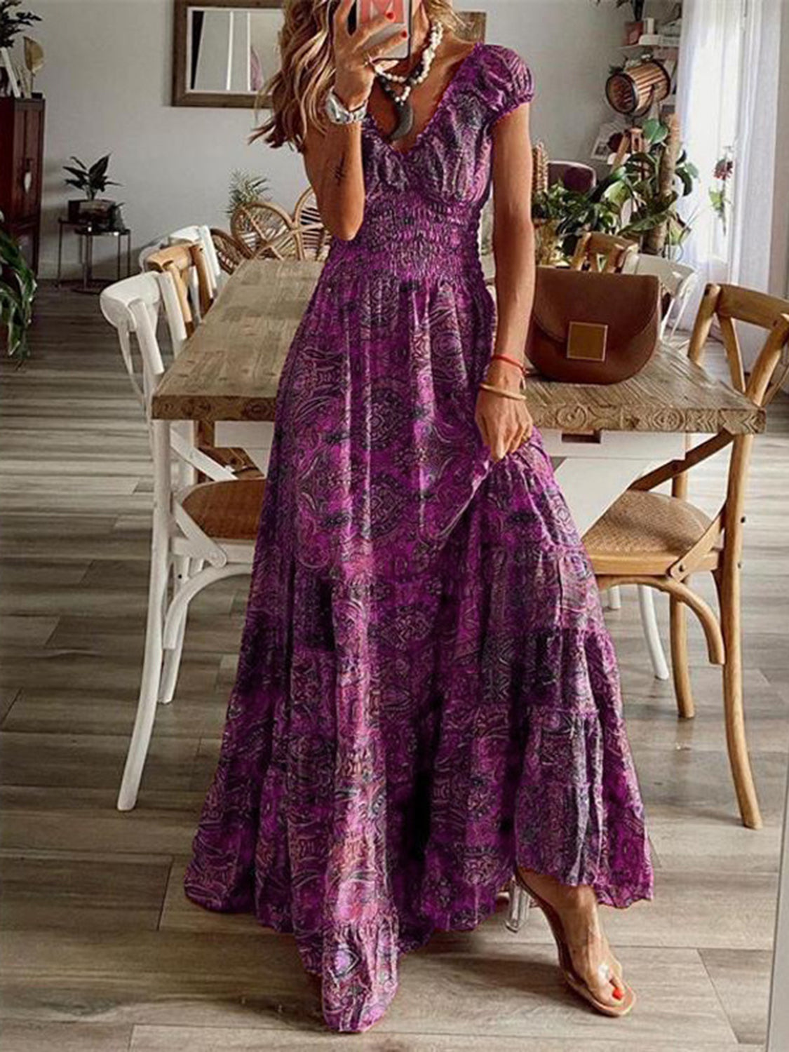 Buy deep-purple Full Size Smocked Printed V-Neck Short Sleeve Dress