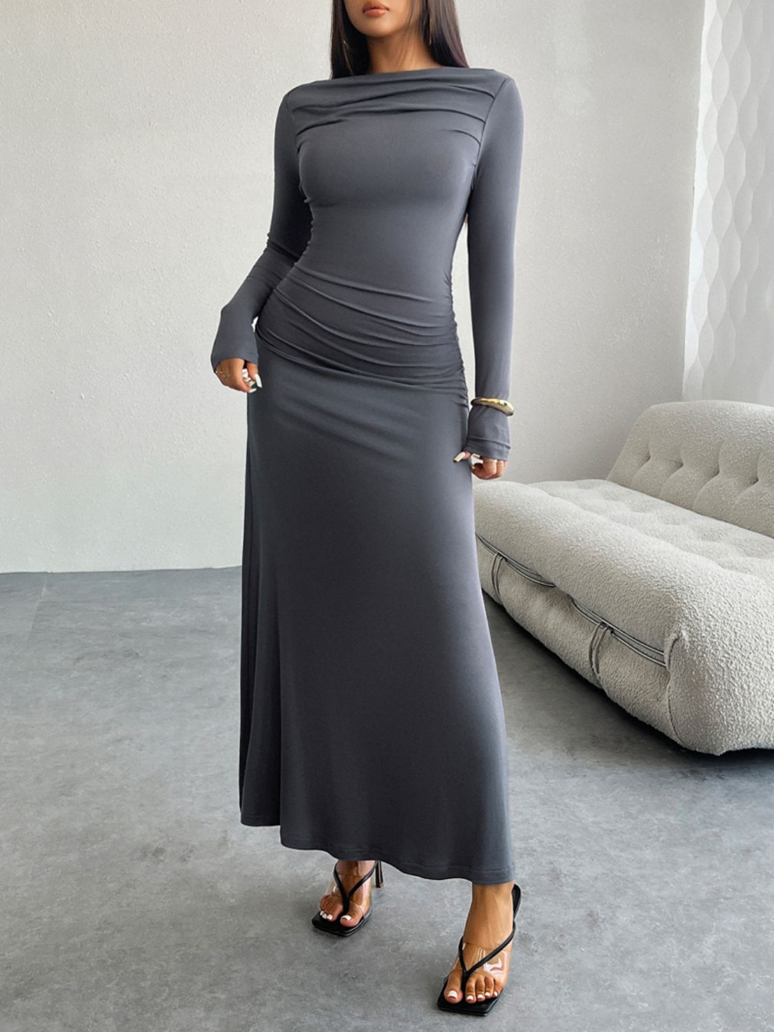 Buy dark-gray Devine Ruched Long Sleeve Maxi Dress