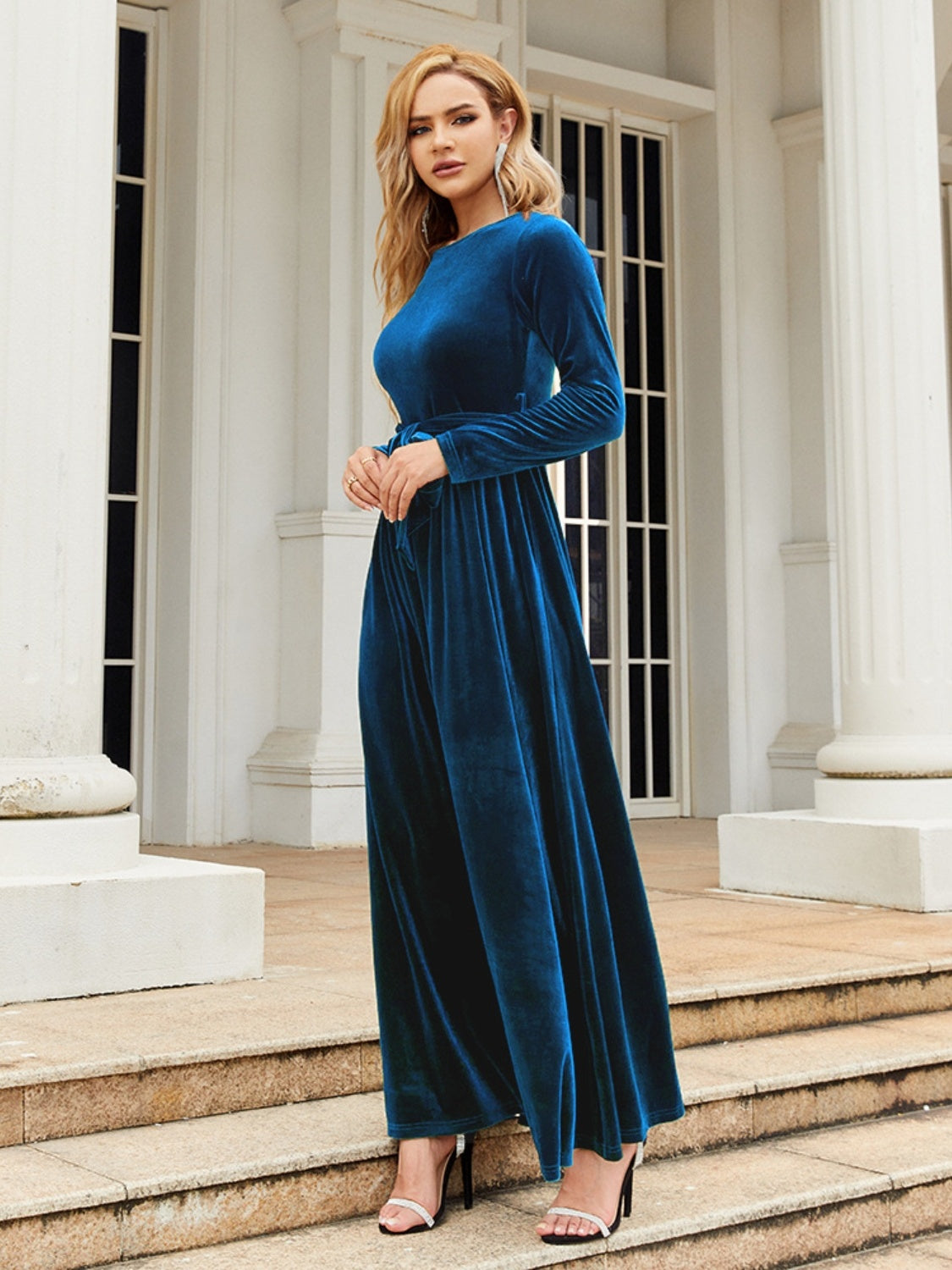 Buy indigo Tie Front Round Neck Long Sleeve Maxi Dress