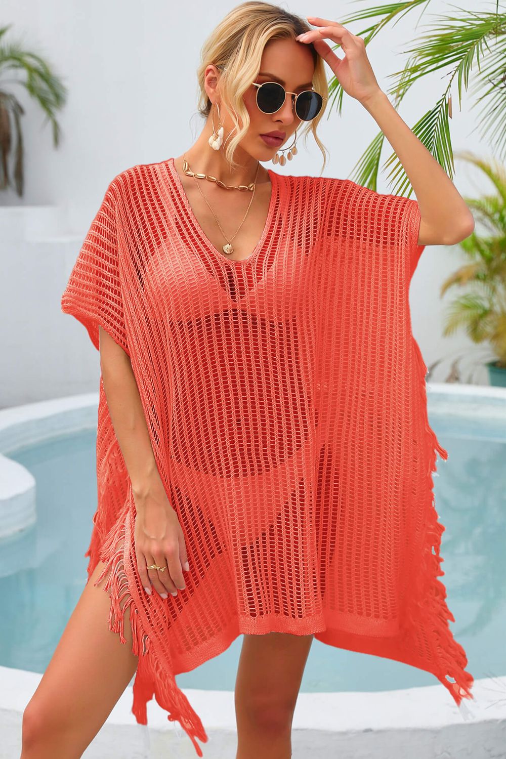 Buy orange Angel Wings Fringe Trim Openwork Cover Up