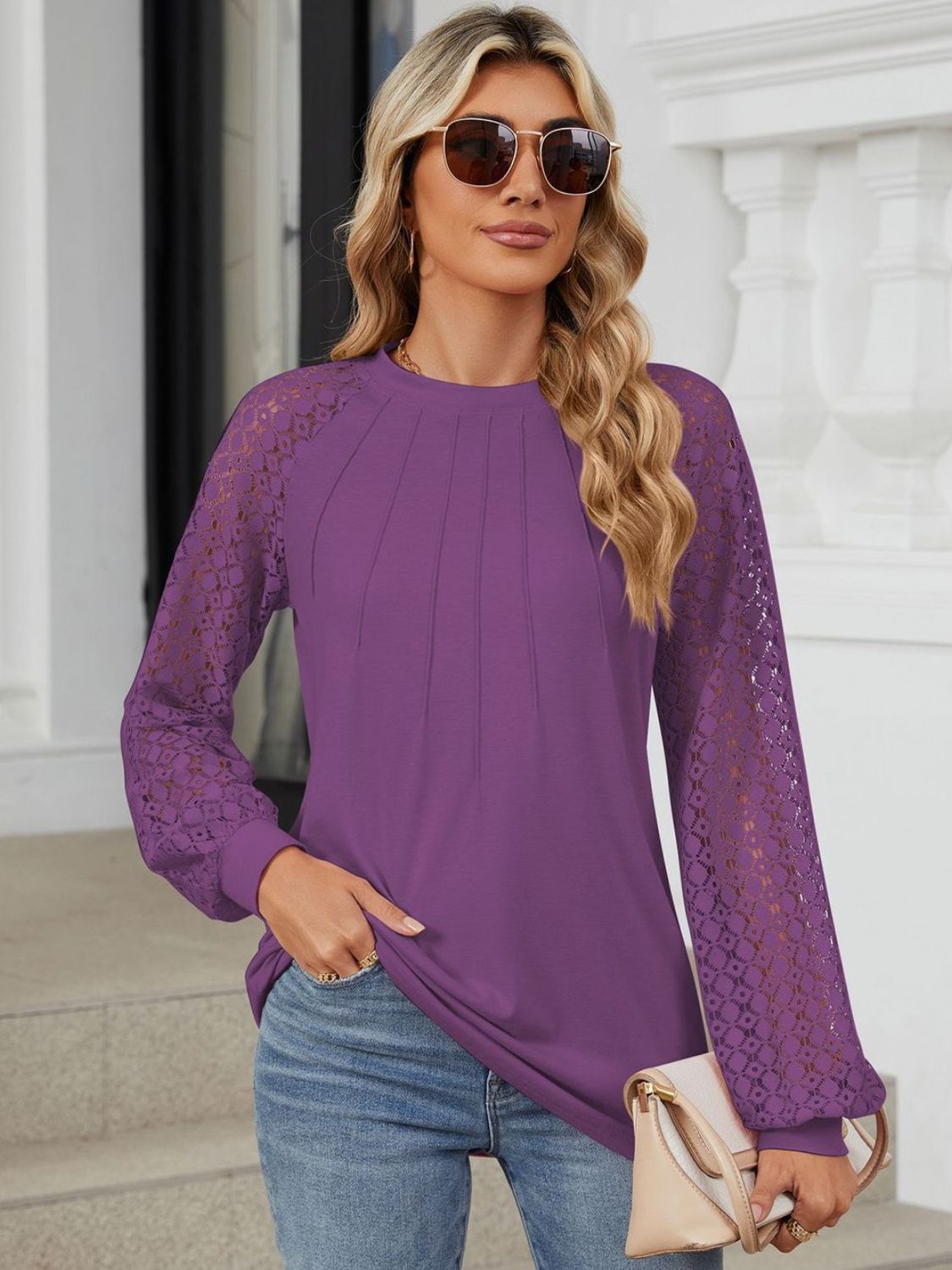 Buy mauve Round Neck Lace Long Sleeve Top