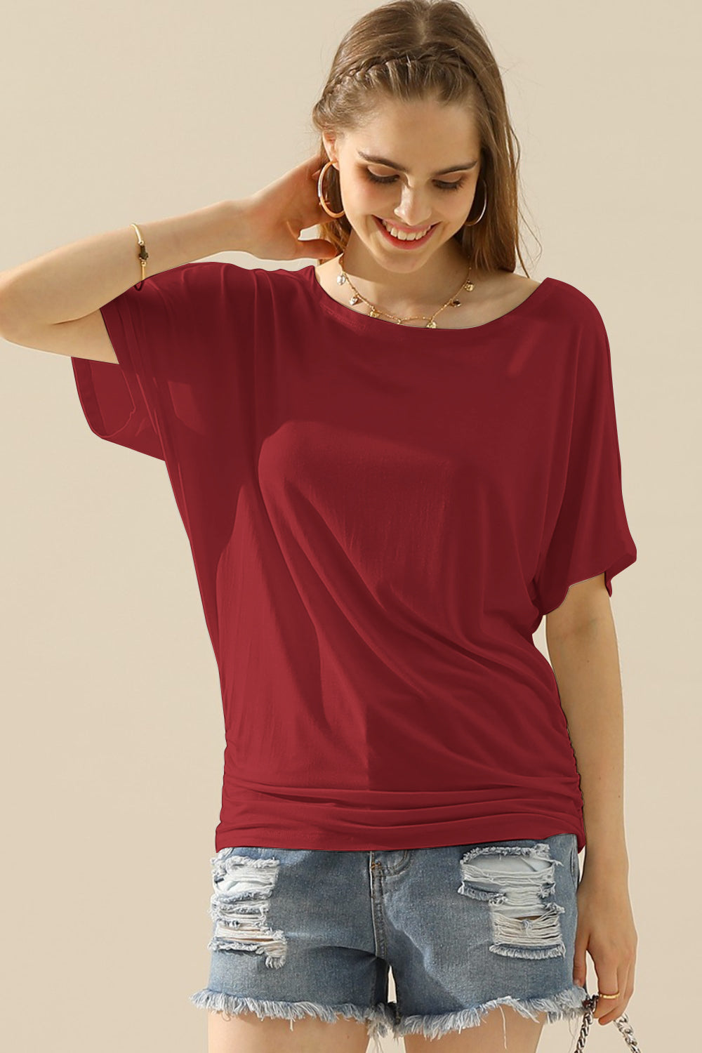 Buy burgundy Ninexis Boat Neck Short Sleeve Ruched Side Top