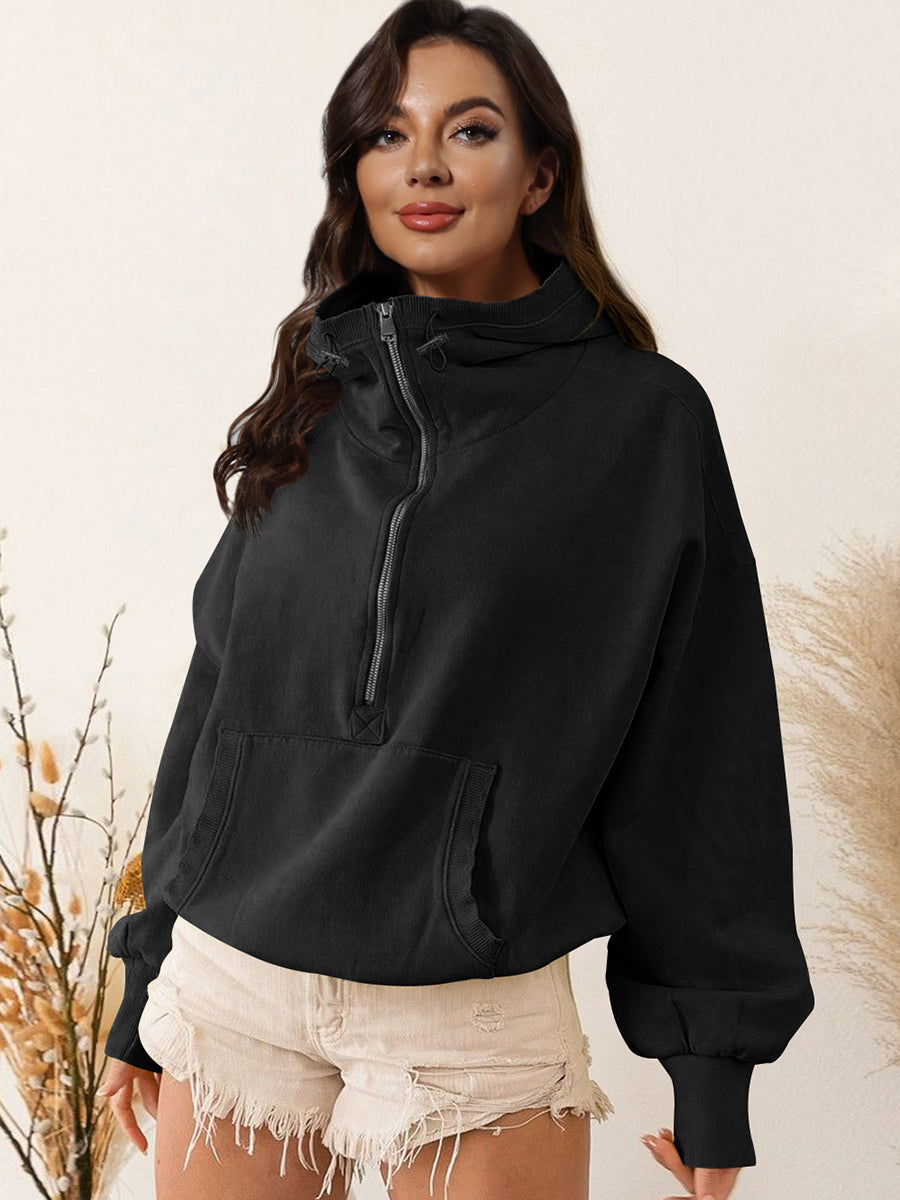 Buy black Zip-Up Dropped Shoulder Hoodie