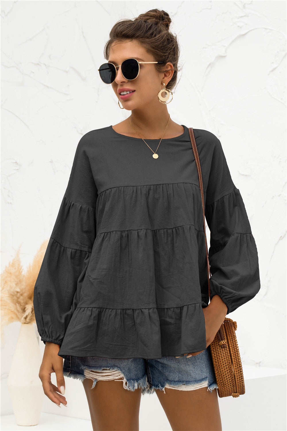 Buy black Round Neck Bubble Sleeve Tiered Blouse