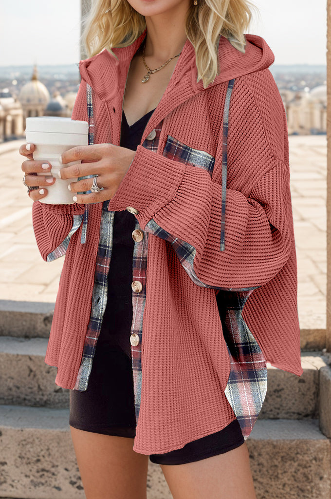 Buy watermelon-pink Plaid Waffle-Knit Drawstring Hooded Jacket