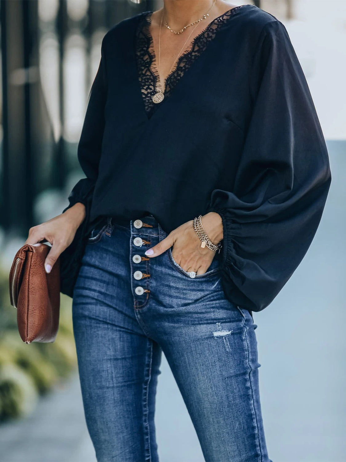 Buy black Lace Detail V-Neck Long Sleeve Blouse