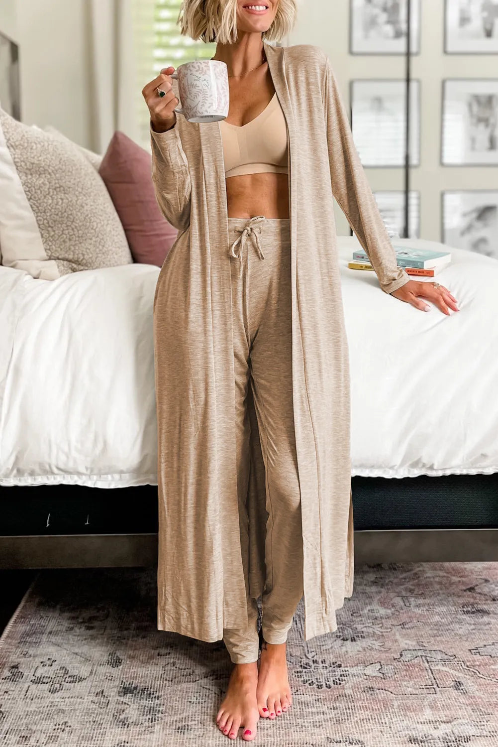 Buy tan Open Front Long Sleeve Cardigan and Pants Lounge Set