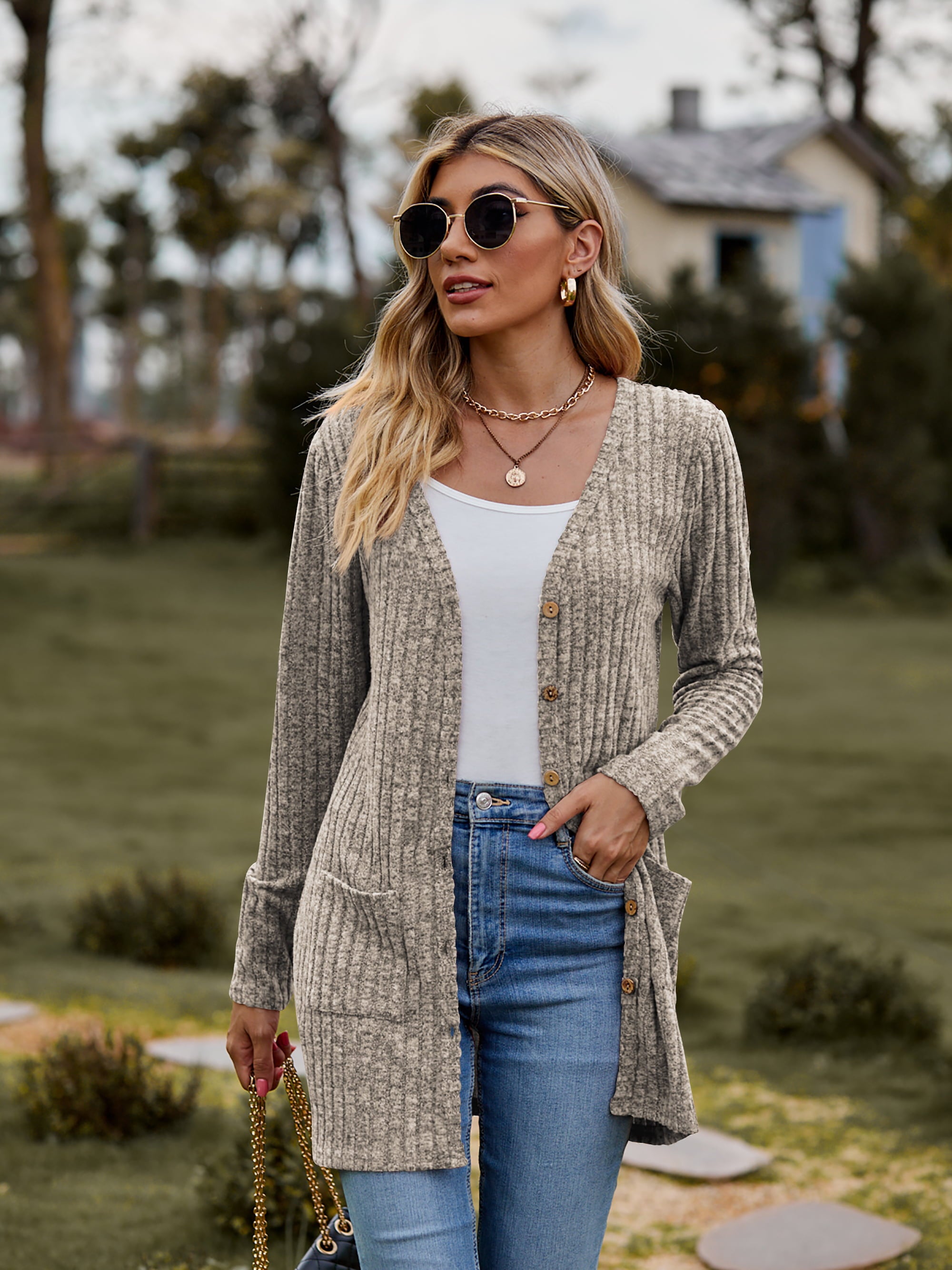 Buy khaki Ribbed Button-Up Cardigan with Pockets