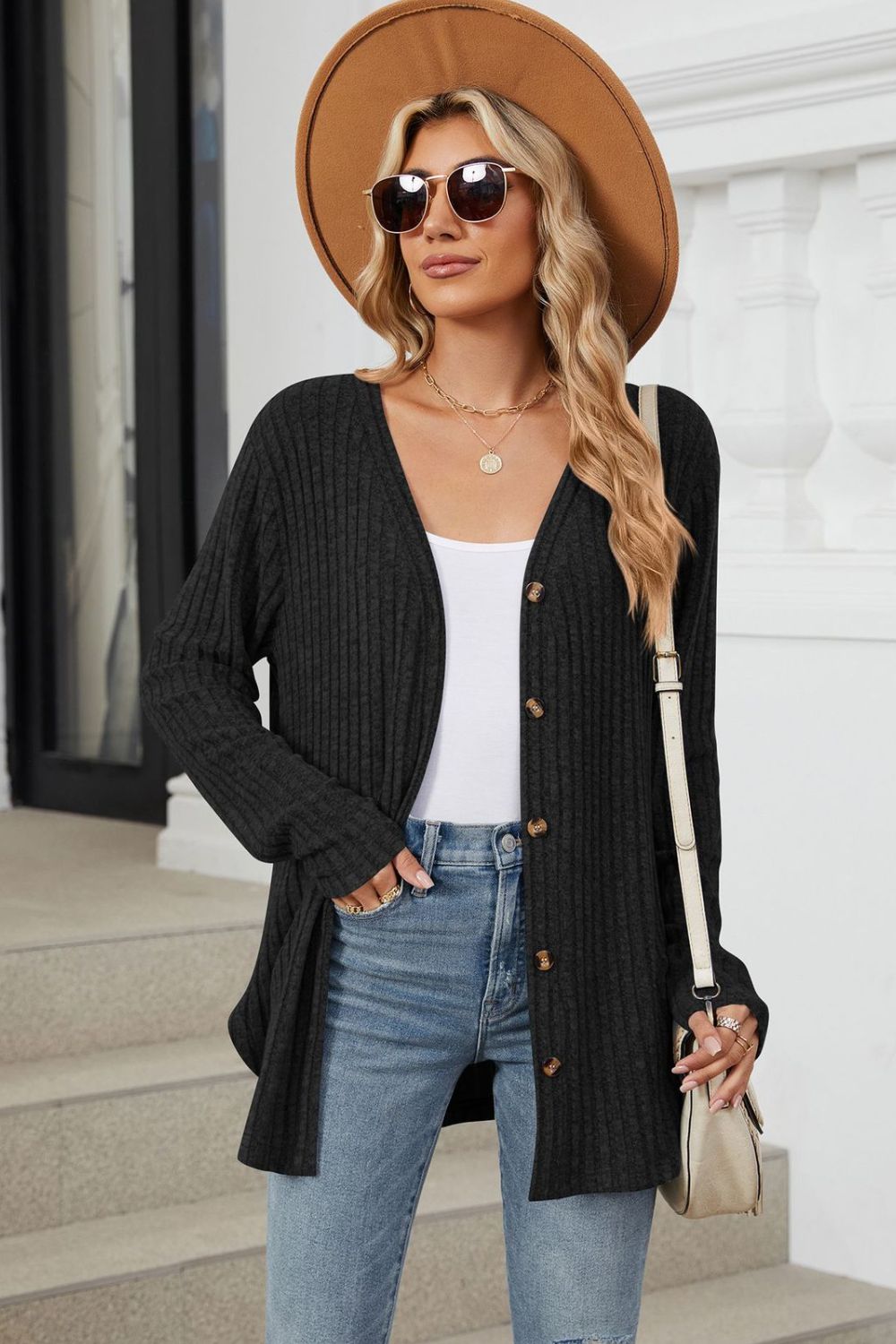 Buy black Ribbed Button Up Long Sleeve Cardigan