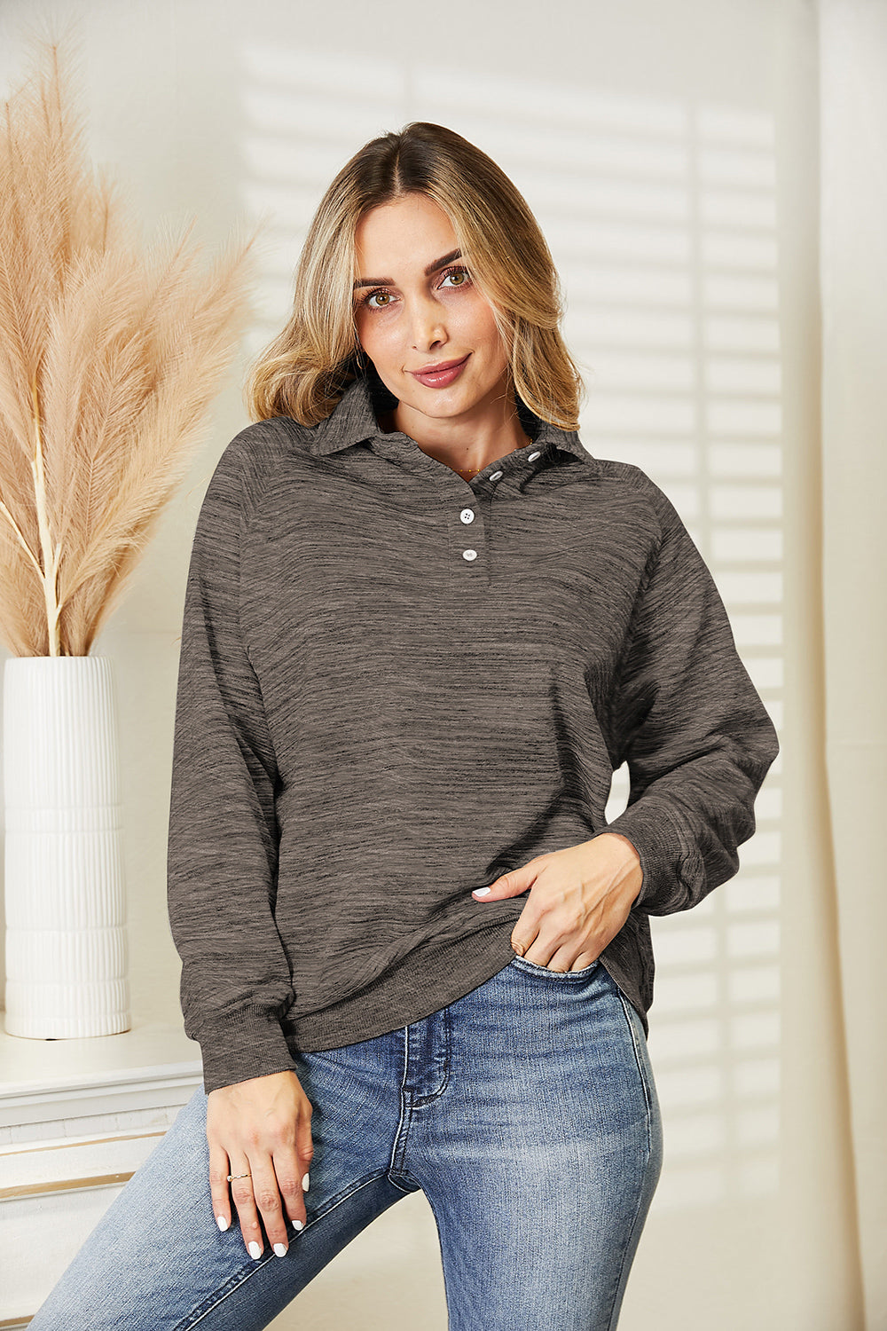 Buy heather-gray Ninexis Full Size Quarter-Button Collared Sweatshirt