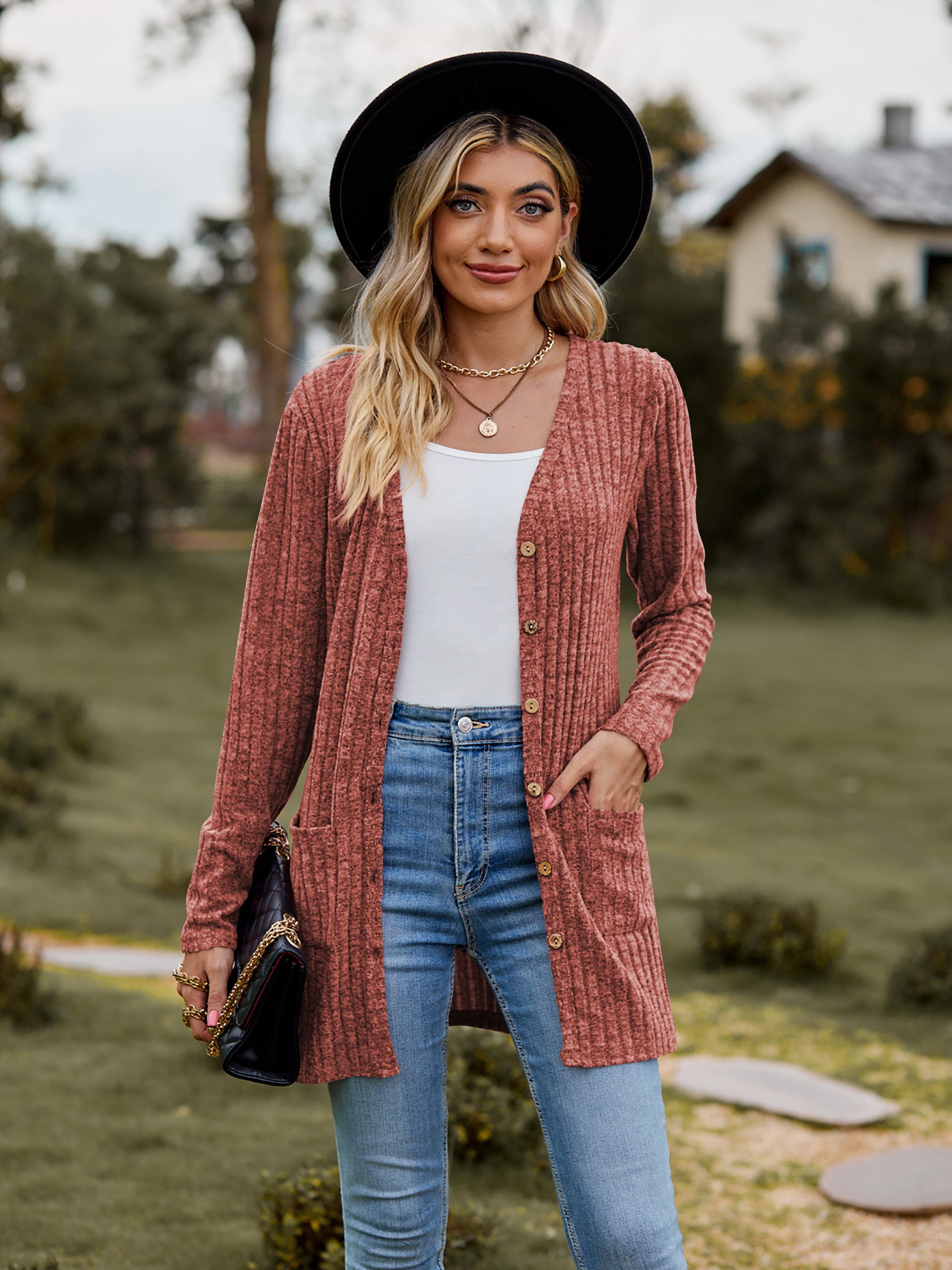 Buy rust Ribbed Button-Up Cardigan with Pockets