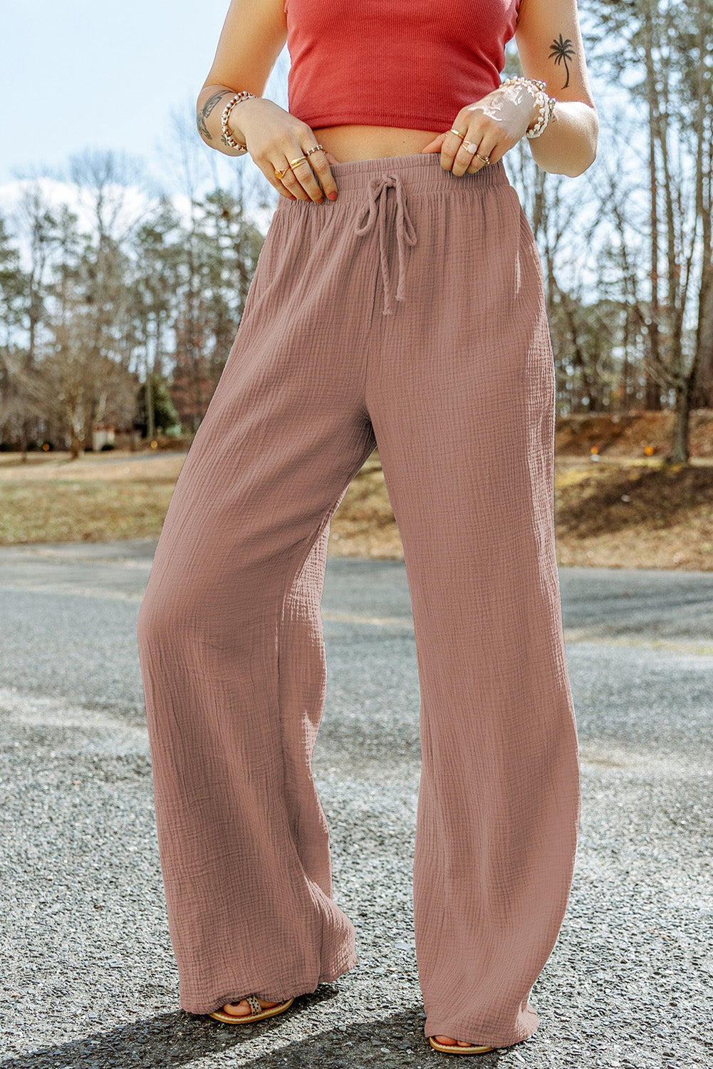 Buy light-mauve Texture Tied Wide Leg Pants