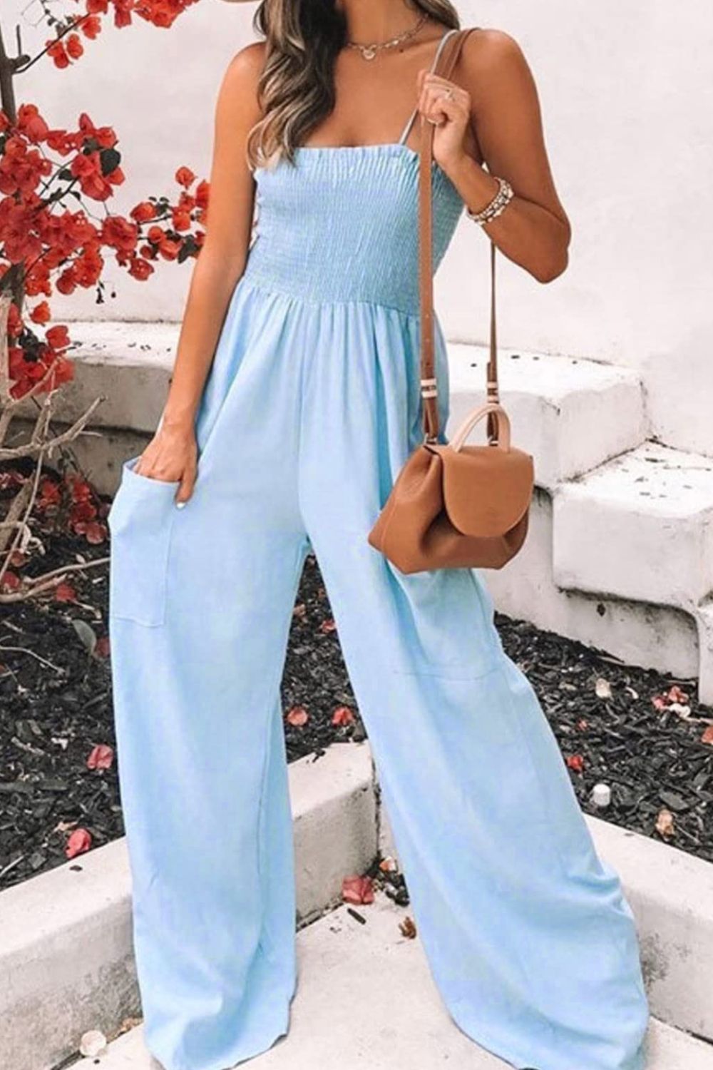 Buy light-blue Smocked Spaghetti Strap Wide Leg Jumpsuit